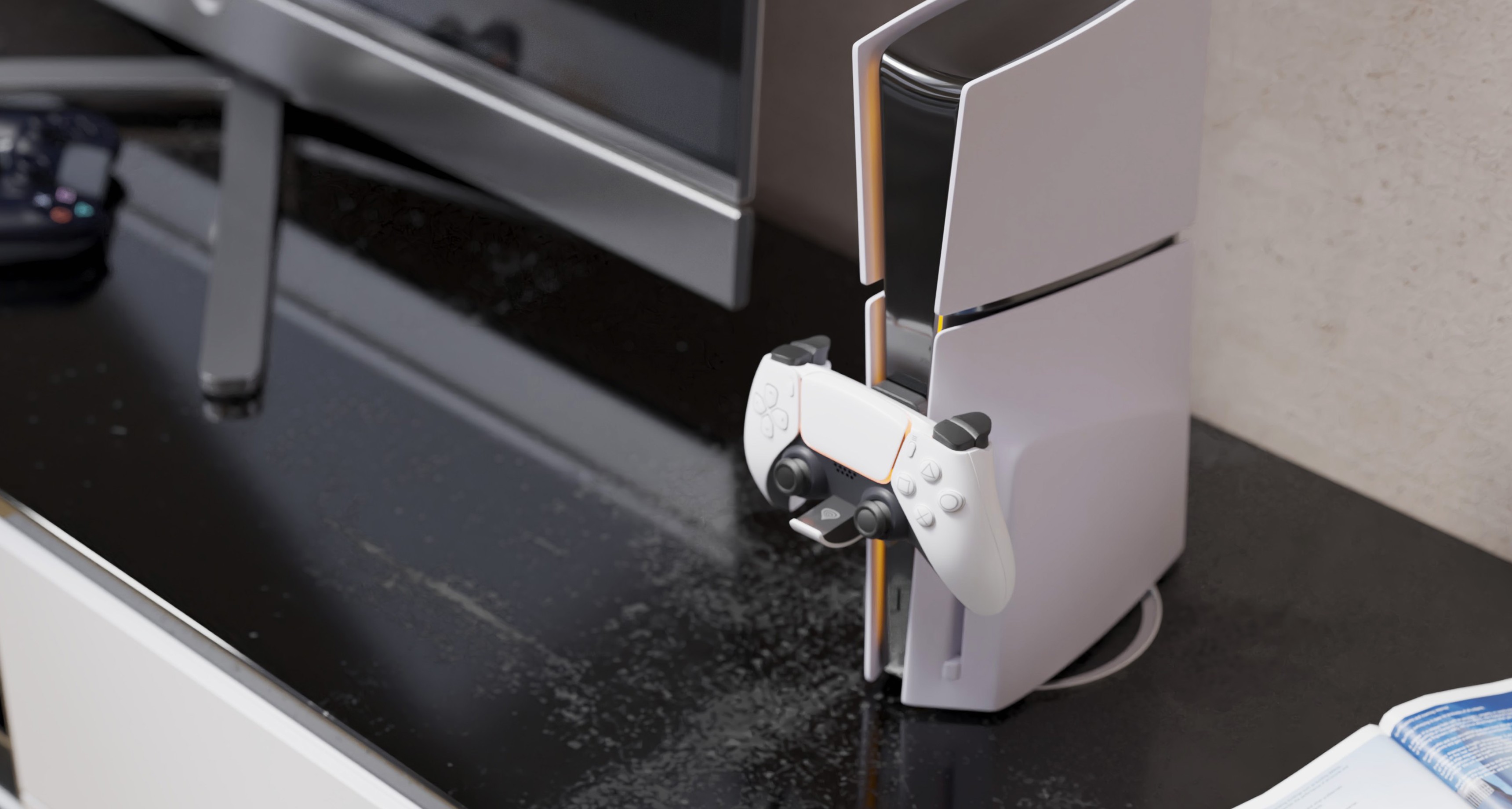 Ladegerät für Genesis TIN 305-Controller, entwickelt für PS5 Slim, neben einem Fernseher auf einer dunklen Fläche positioniert