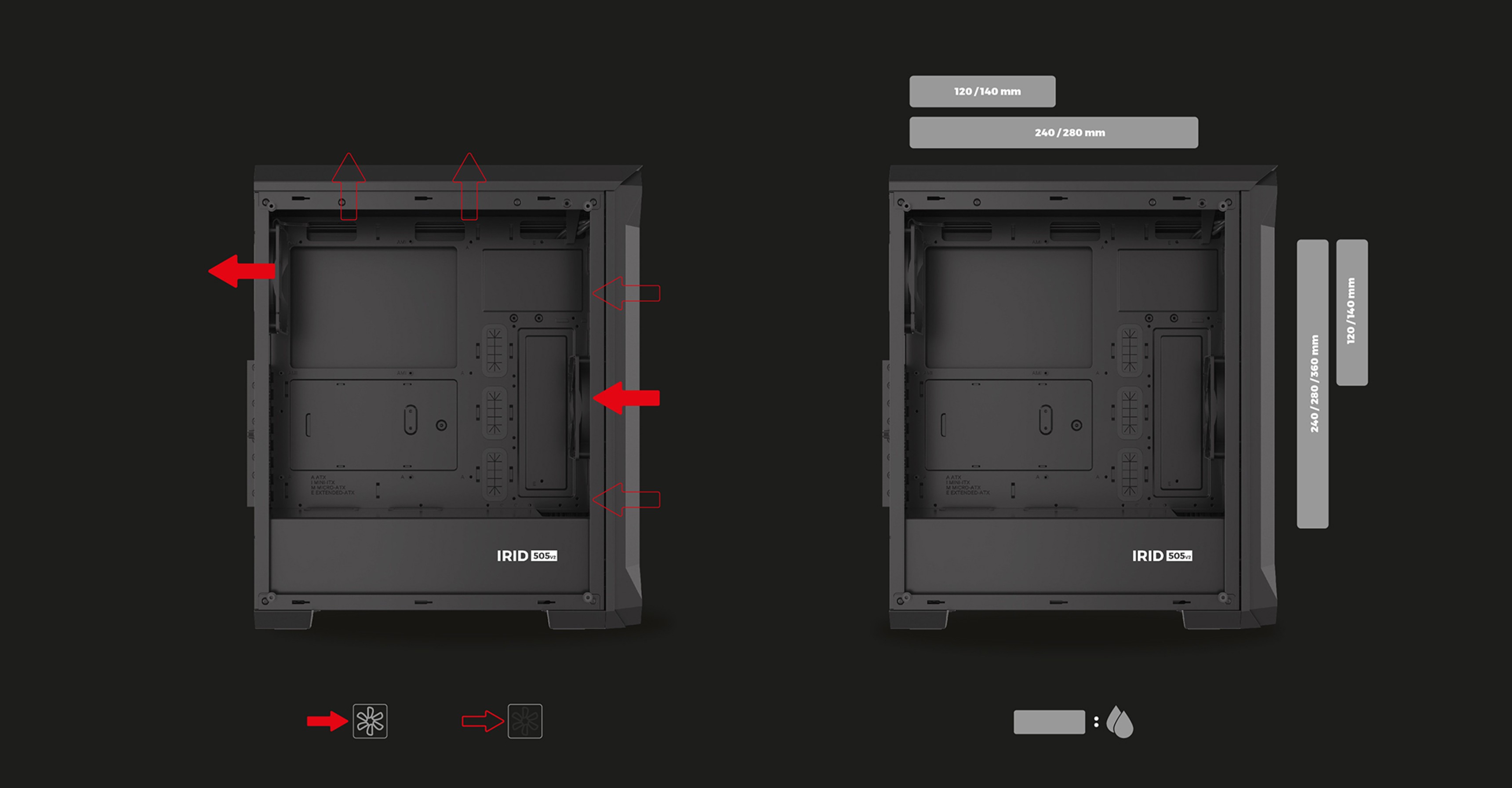 Schwarzes Genesis Irid 505 V2 MIDI-Tower-Gehäuse mit transparenter Seitenwand, die das interne Layout und die Befestigungspunkte zeigt