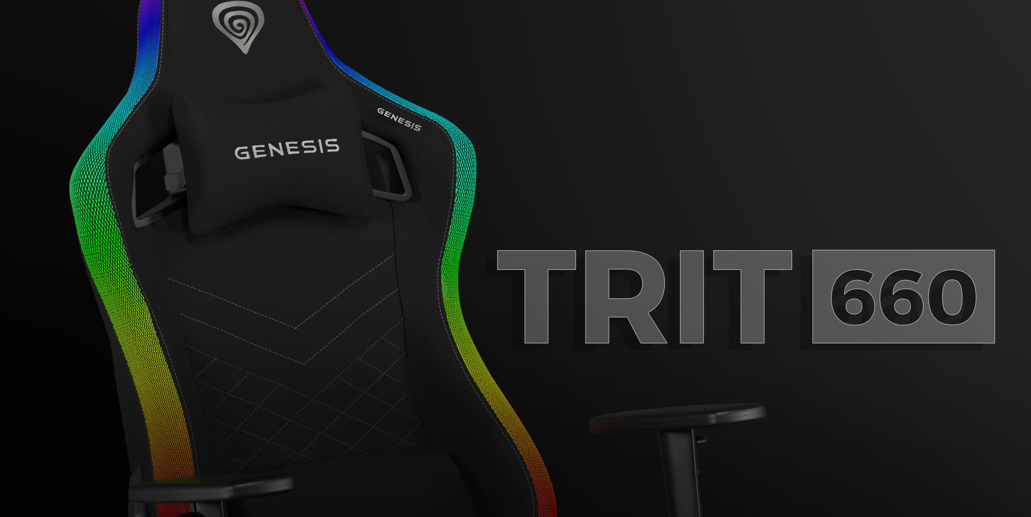 Schwarzer Gaming-Stuhl mit RGB-Beleuchtung, auf dem das Genesis-Logo und der Modellname "TRIT 660" gut sichtbar sind