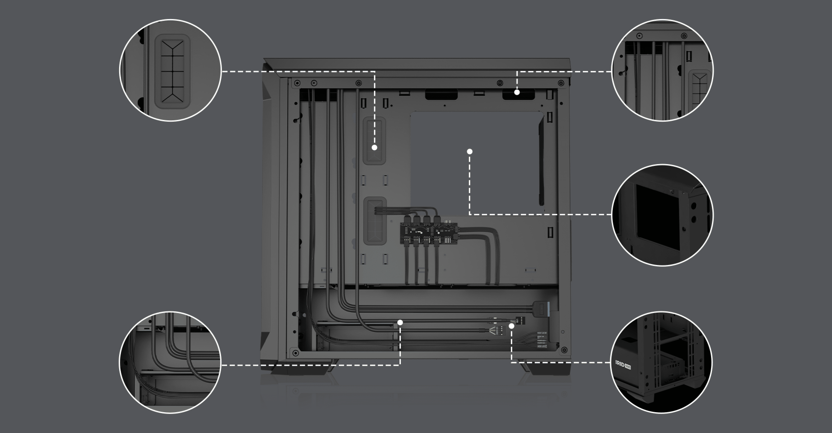 Schwarzes Genesis Irid 503 ARGB V2 MATX Mini-Tower-Gehäuse mit durchsichtigem Seitenteil und internen Kabelführungsdetails