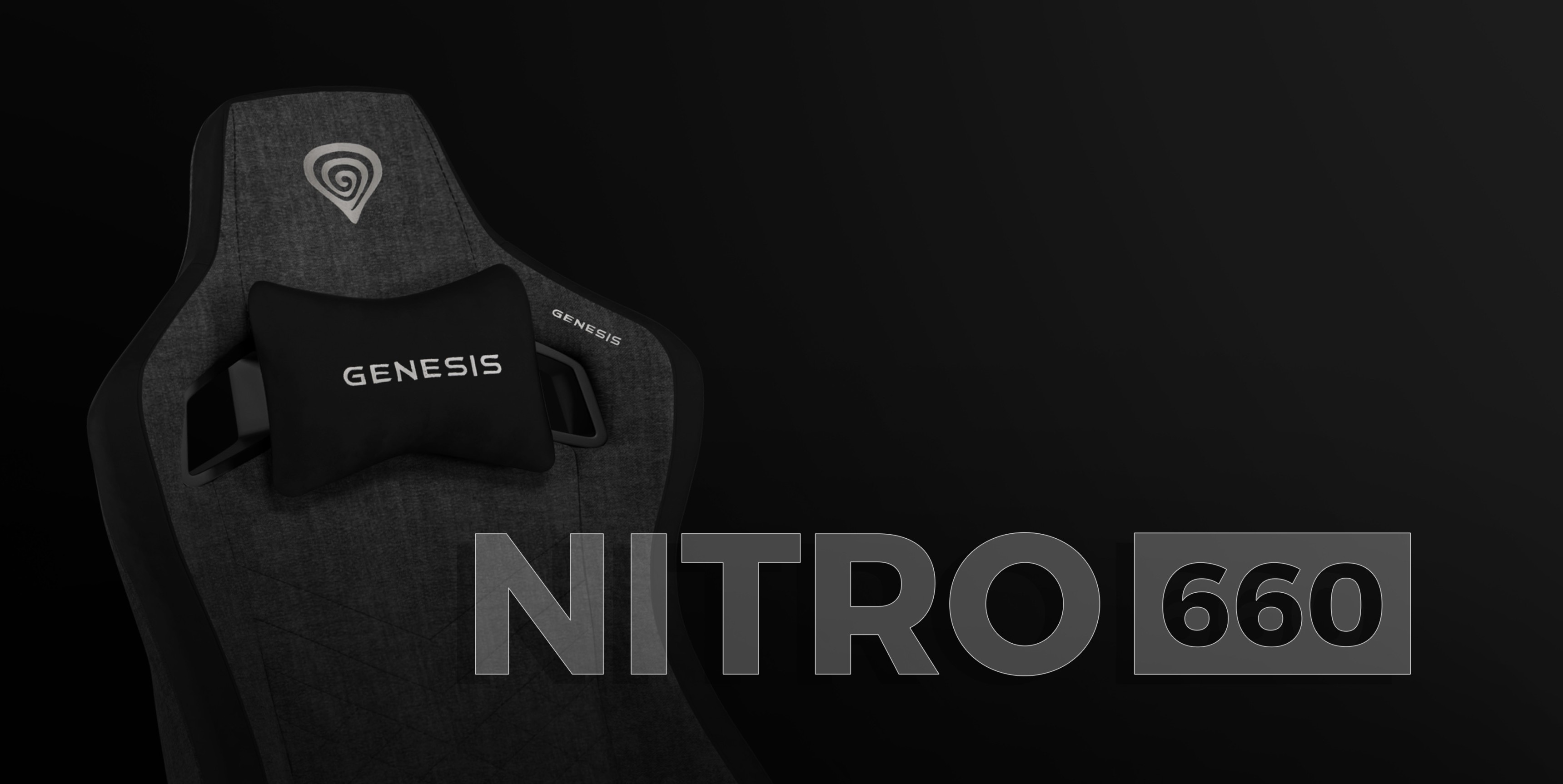 Grauer Genesis Nitro 660 Gaming-Stuhl mit gepolsterter Kopfstütze und Logodetails auf dunklem Hintergrund