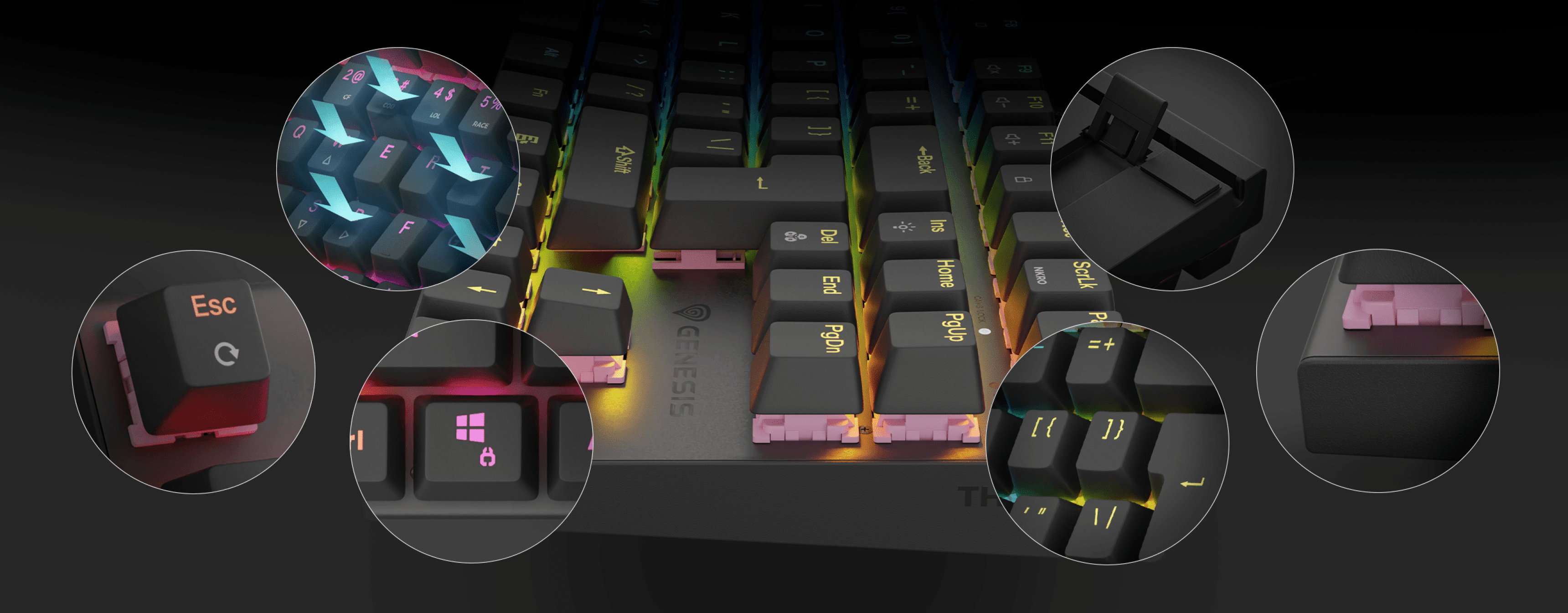 Gaming-Tastatur mit RGB-Hintergrundbeleuchtung, geräuschlosen mechanischen Schaltern und einem TKL-Layout. Nahaufnahmen der wichtigsten Details