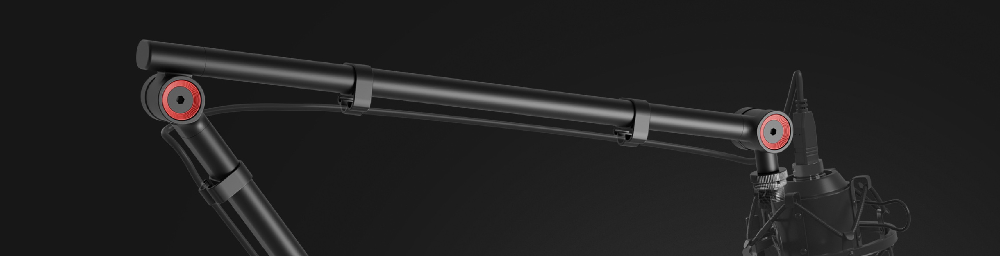 Mikrofonarm mit Headset-Halterung in elegantem schwarzem Design und roten Akzenten, ideal für Aufnahme-Setups