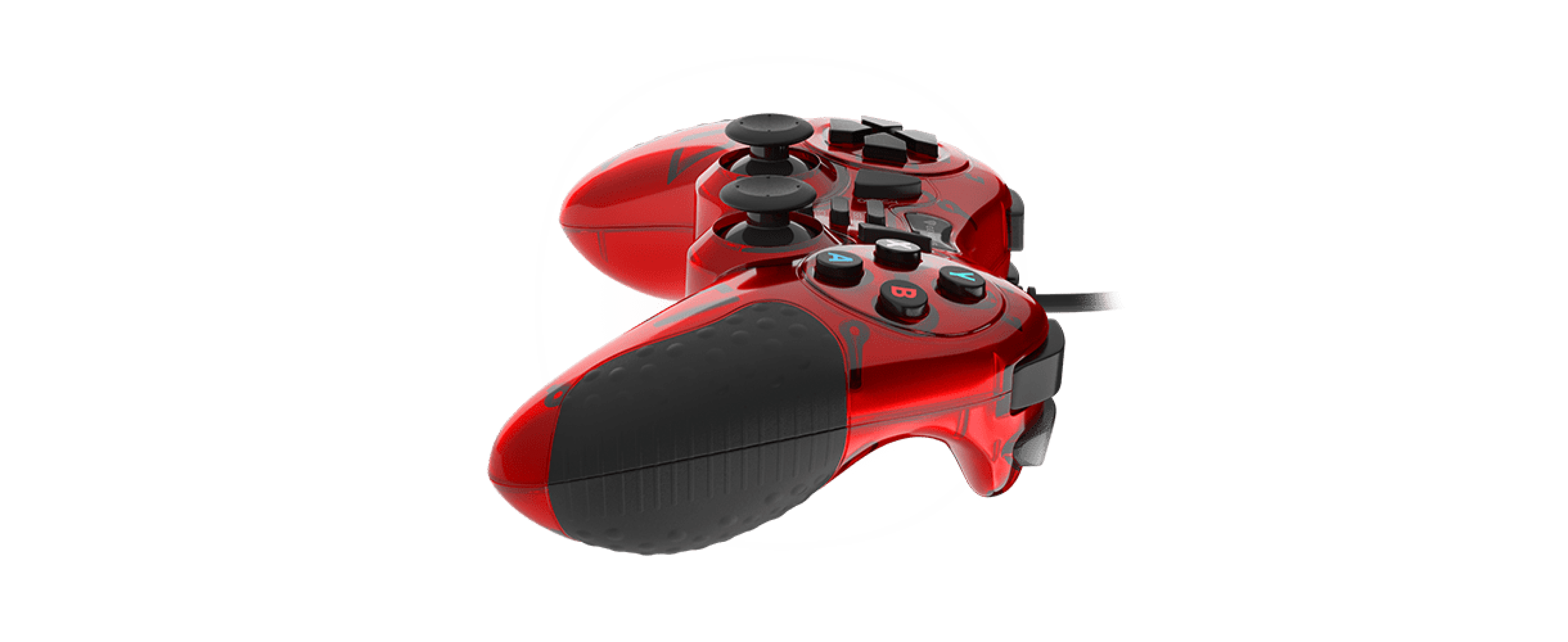 Rotes kabelgebundenes Gamepad für PC mit mehreren Tasten und ergonomischen Griffen, entwickelt für Spielkomfort und Kontrolle
