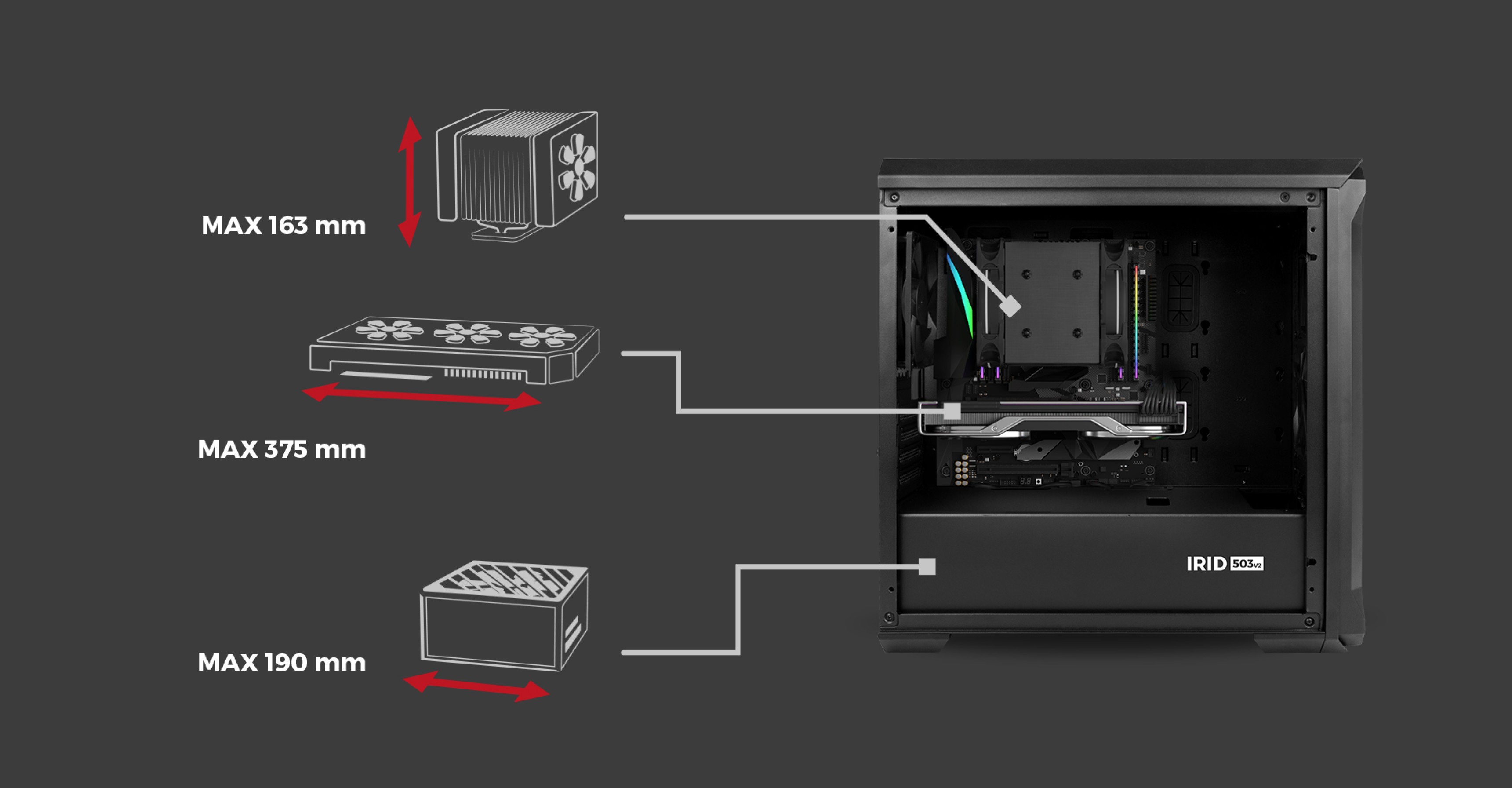 Schwarzes MATX Mini-Tower-Gehäuse mit Fenster, das die internen Komponenten und die maximalen Größenangaben für CPU-Kühler, GPU und Netzteil zeigt