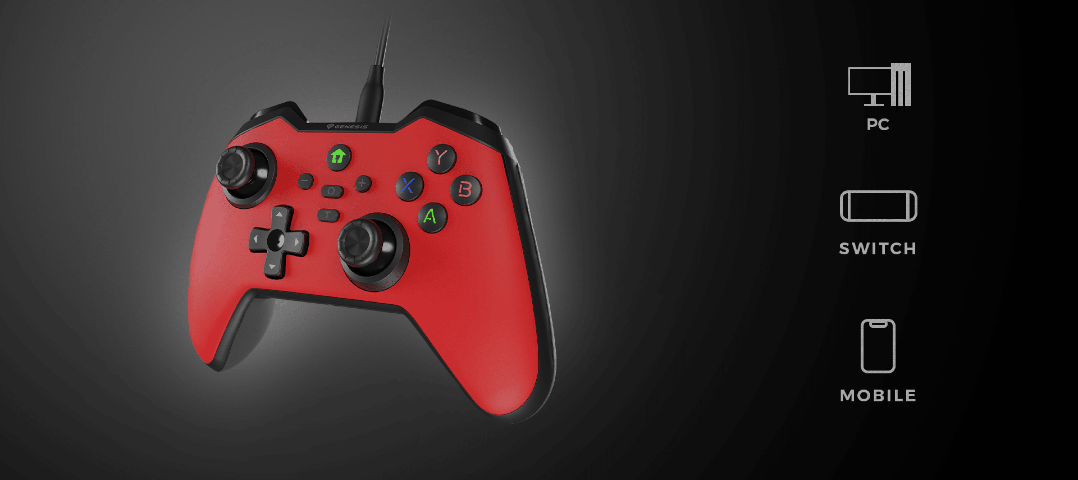 Schwarzer kabelgebundener Gaming-Controller, der mit PC, Switch und mobilen Geräten kompatibel ist. Mit ergonomischem Design und bunten Tasten