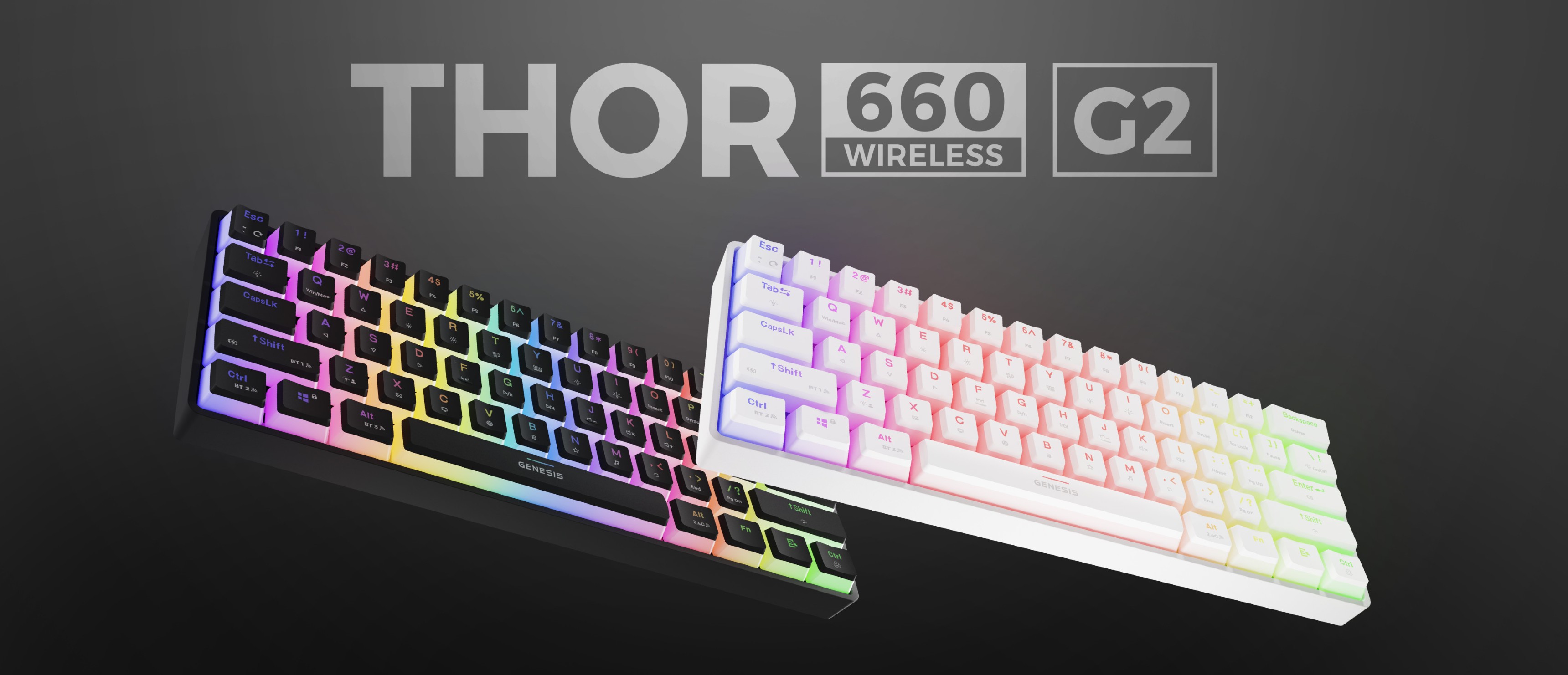 Kabellose mechanische Gaming-Tastatur Genesis Thor 660 G2 mit farbiger RGB-Hintergrundbeleuchtung, abgebildet in den Modellen Schwarz und Weiß