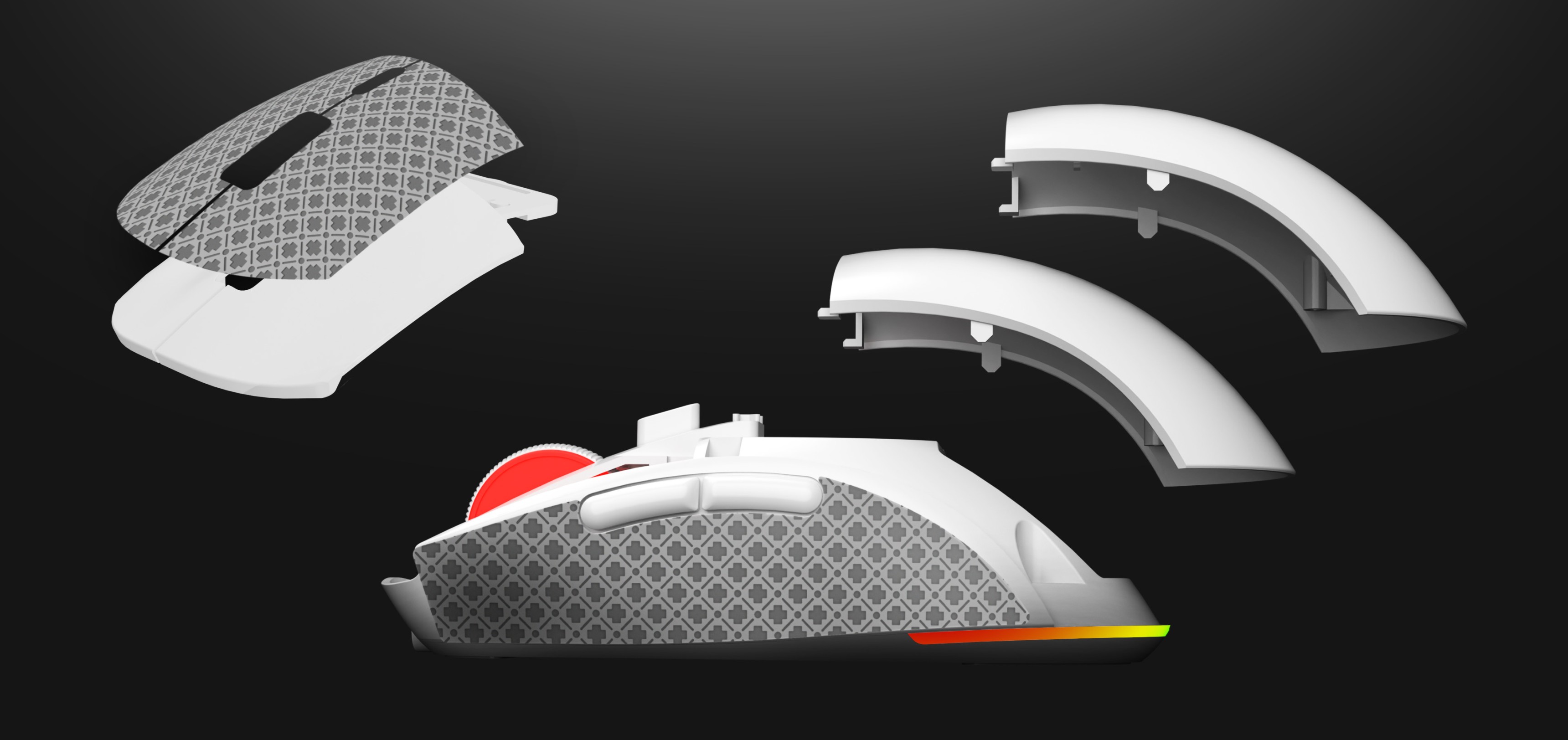 Kabellose Gaming-Maus mit anpassbaren Panels, die einen High-DPI-Sensor und ein ergonomisches Design in Schwarz und Weiß bietet
