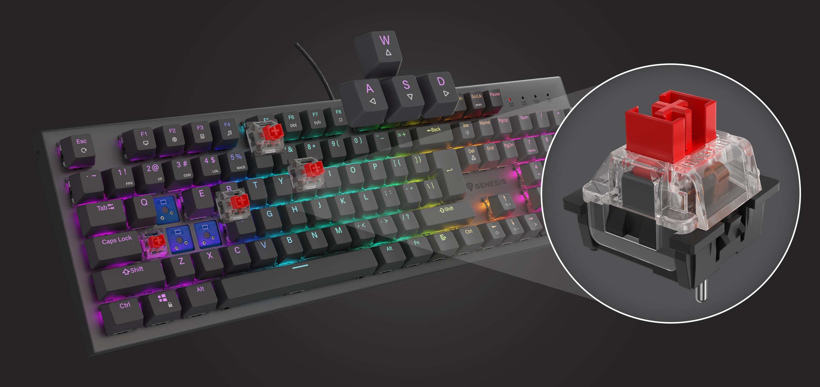 Gaming-Tastatur mit RGB-Hintergrundbeleuchtung und roten mechanischen Schaltern, mit einer Nahaufnahme des Hot-Swap-Schalterdesigns