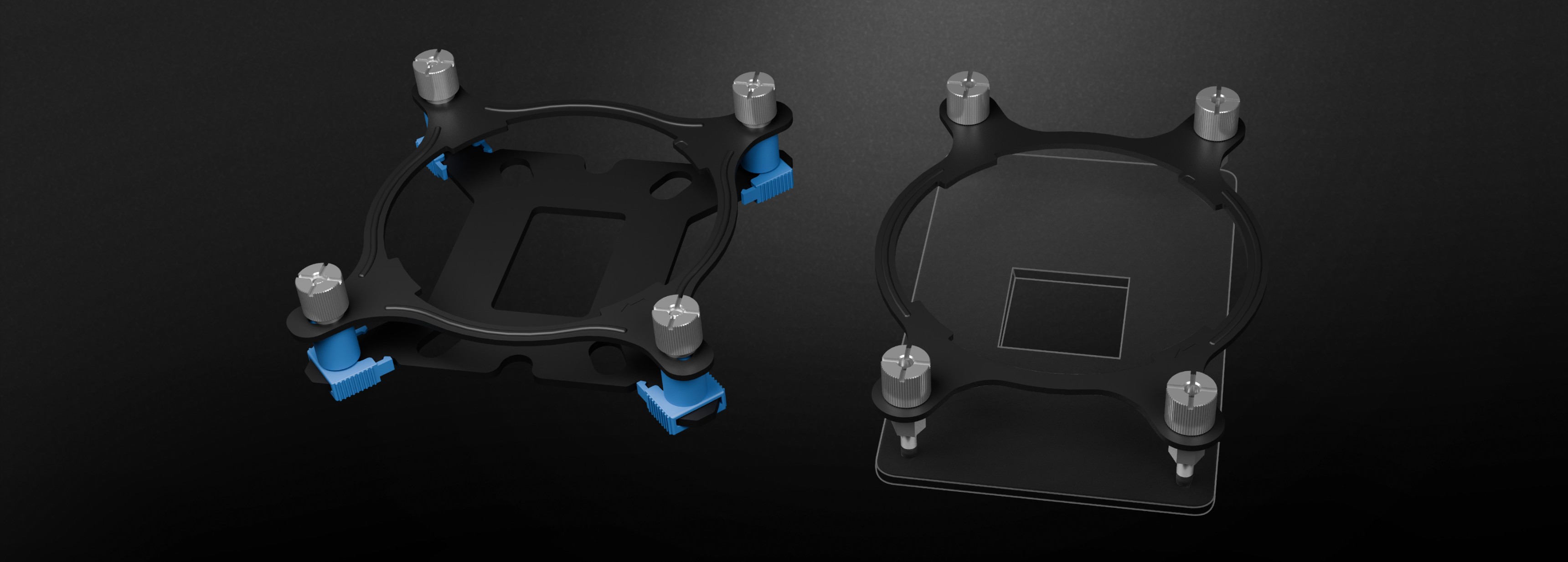 Schwarze Wasserkühlungshalterung für die Genesis Hydria 240 ARGB, mit verstellbaren Schrauben und blauen Akzenten