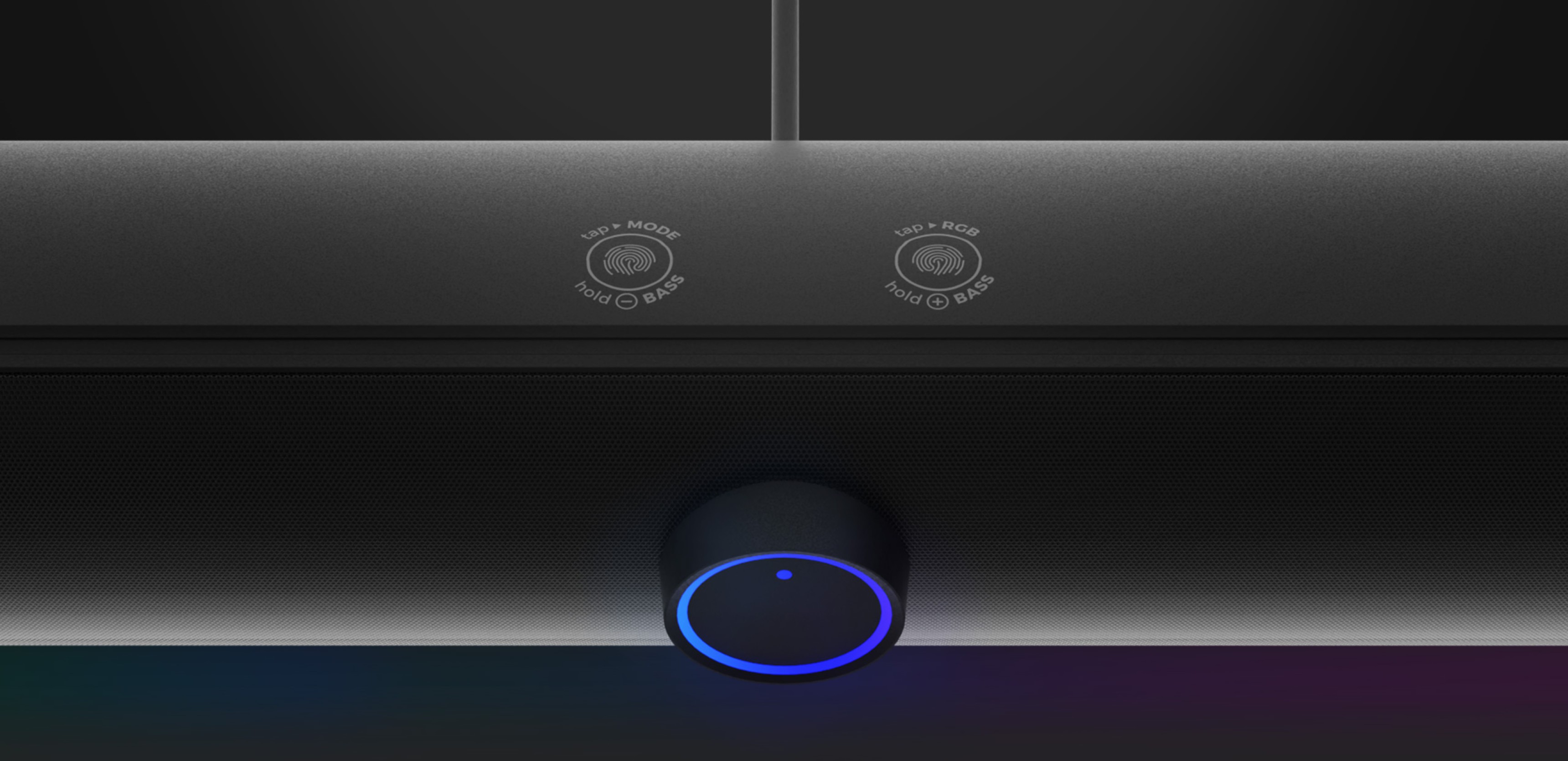 Nahaufnahme der Genesis Helium 312BT Soundbar mit Bedientasten und einer blauen LED-Anzeige