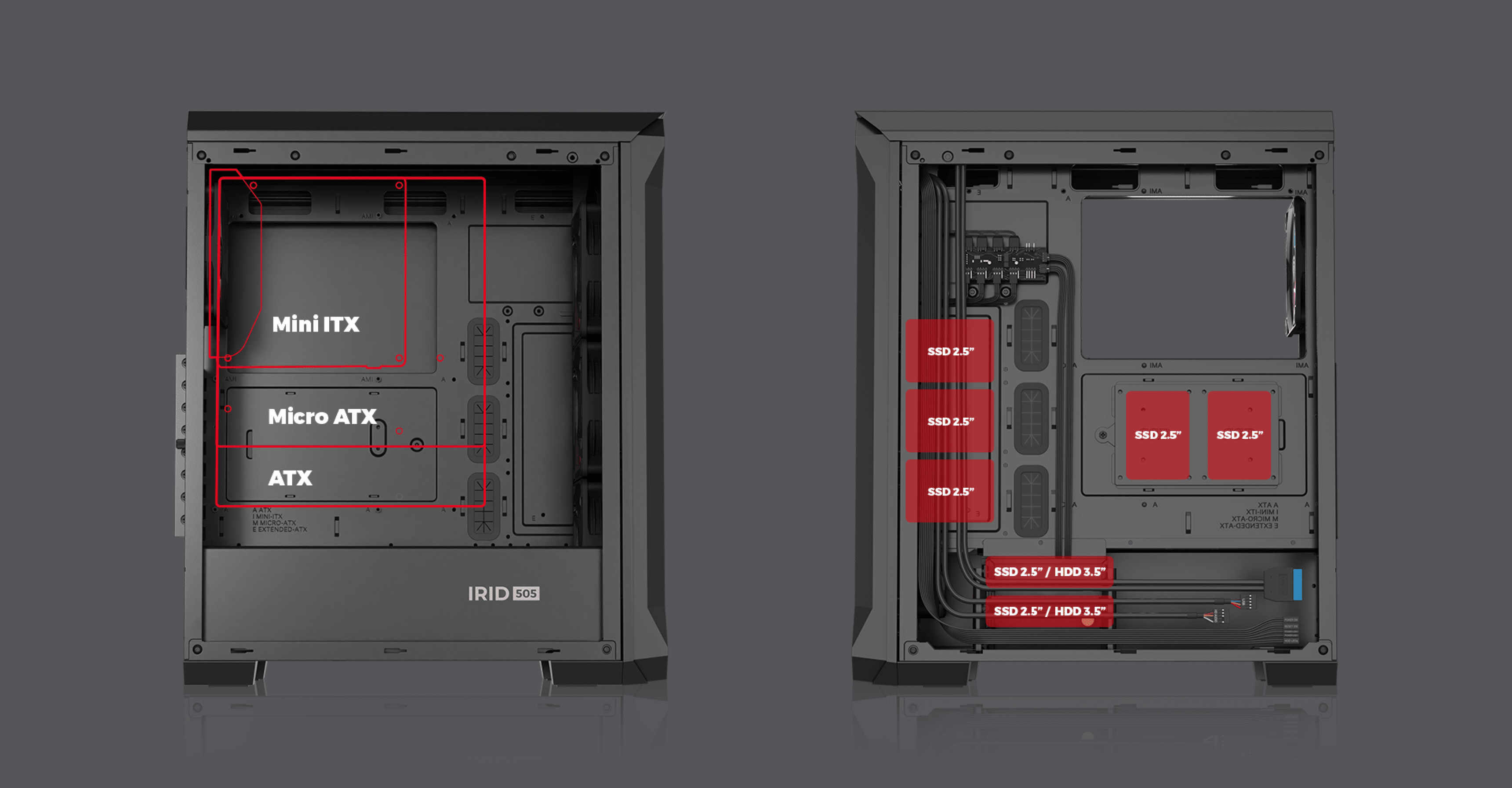 Schwarzes Genesis Irid 505 ARGB V2 MIDI-Tower-Gehäuse mit transparenter Seitenwand und beschrifteten Motherboard-Kompatibilitätsoptionen
