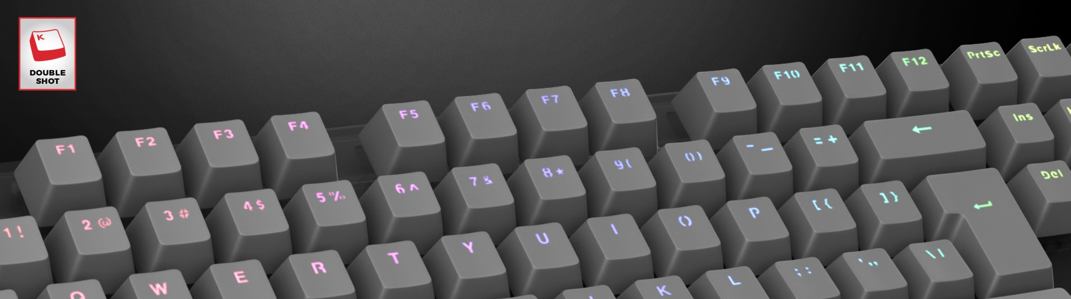 Graue Double-Shot-Tastenkappen für eine Tastatur mit beleuchteten Akzenten für bessere Sichtbarkeit und Stil