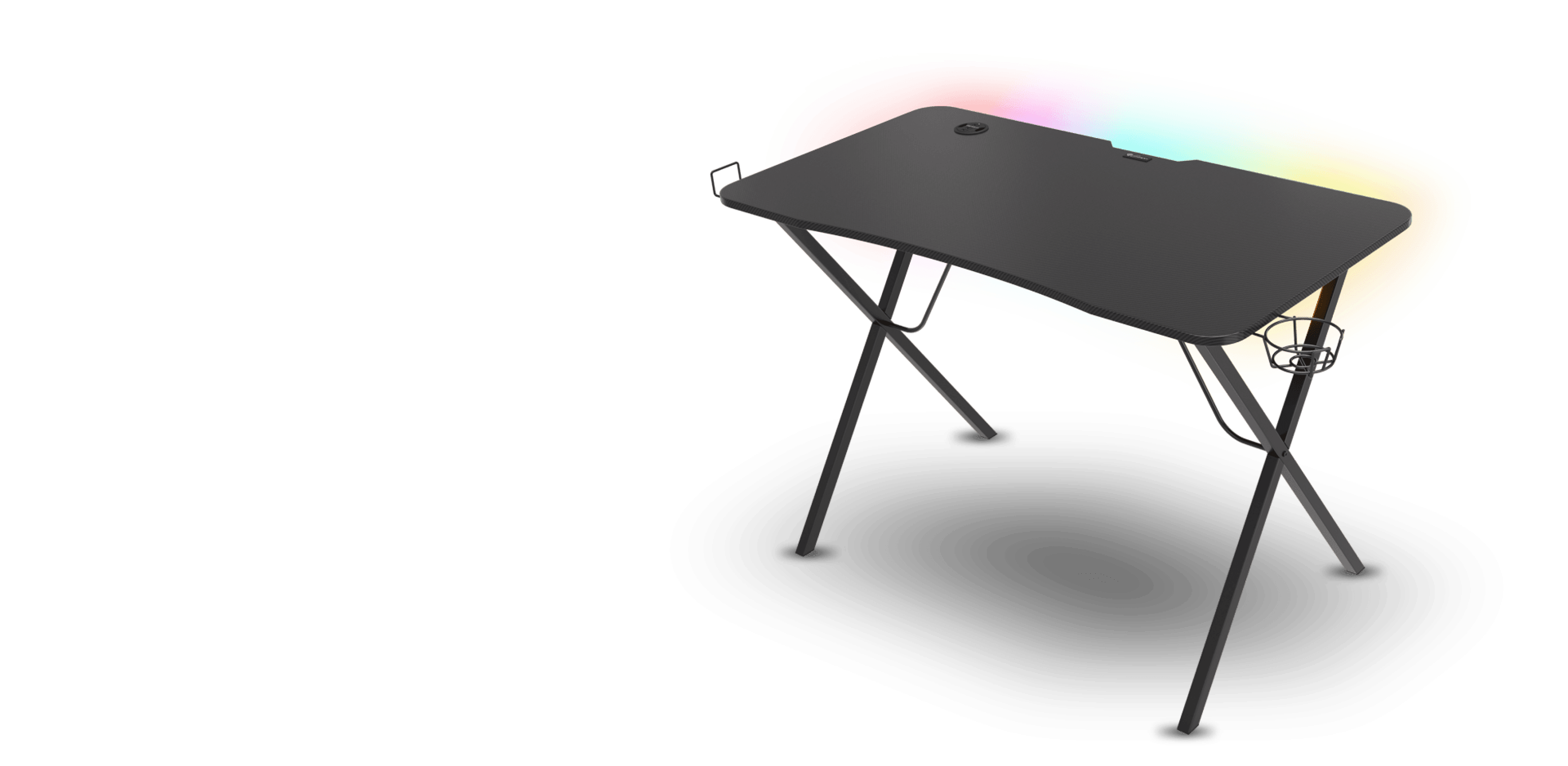 Schwarzer Gaming-Schreibtisch mit RGB-Beleuchtung, glatter Oberfläche und stabilen Beinen, entworfen für Komfort und Stil