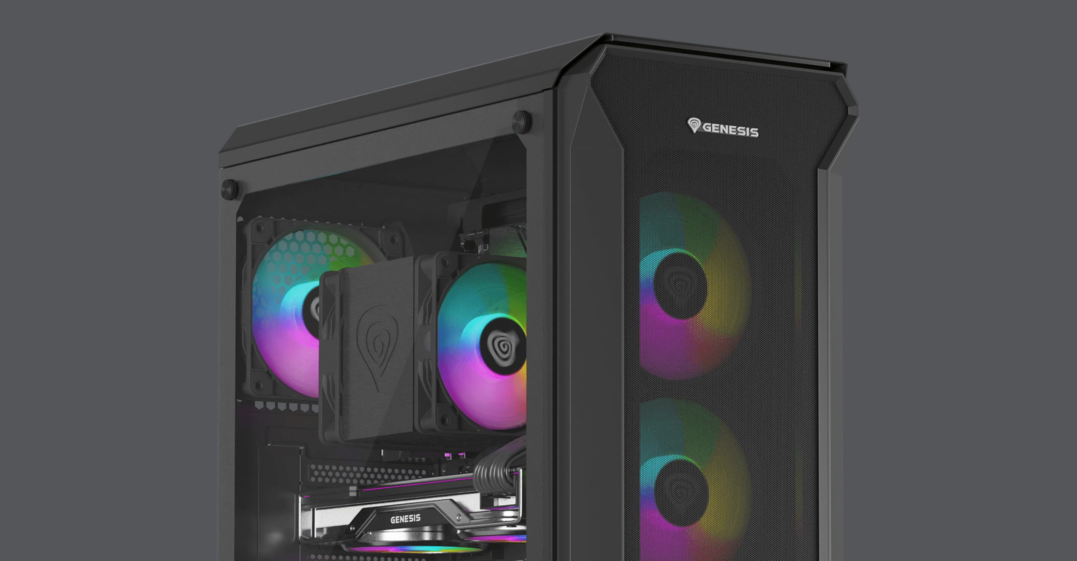 Schwarzes Genesis Irid 505 ARGB V2 MIDI-Tower-Gehäuse mit transparenter Seitenwand und RGB-Lüftern, das ein modernes Design präsentiert