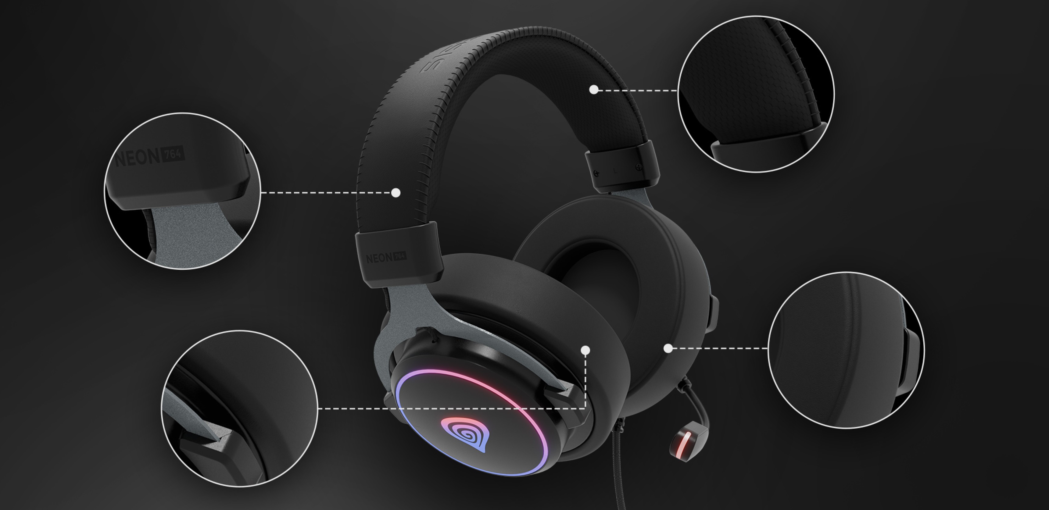 Schwarzer kabelgebundener Kopfhörer Genesis Neon 764 RGB mit verstellbaren Ohrmuscheln, einem Mikrofon und beleuchteten Akzenten