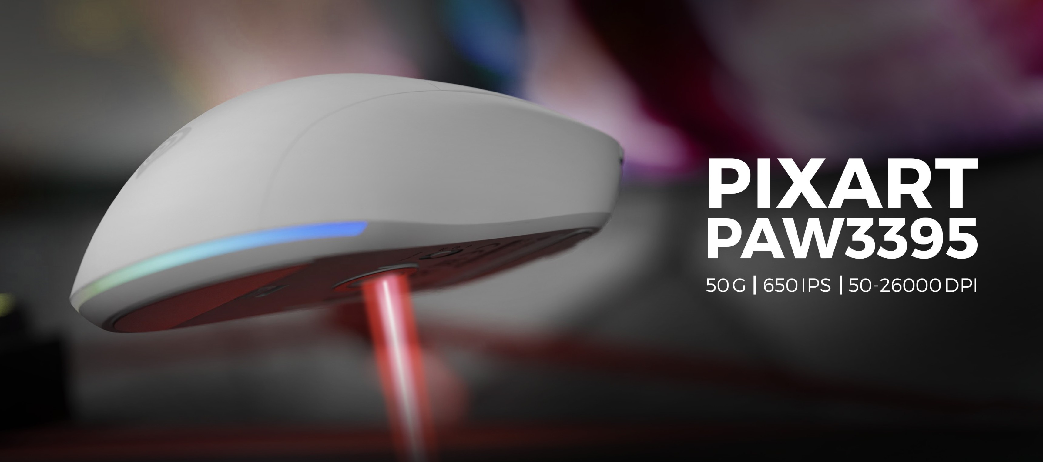 Kabellose Gaming-Maus mit anpassbaren Einstellungen, ausgestattet mit dem PIXART PAW3395 Sensor und einem schlanken schwarzen Design