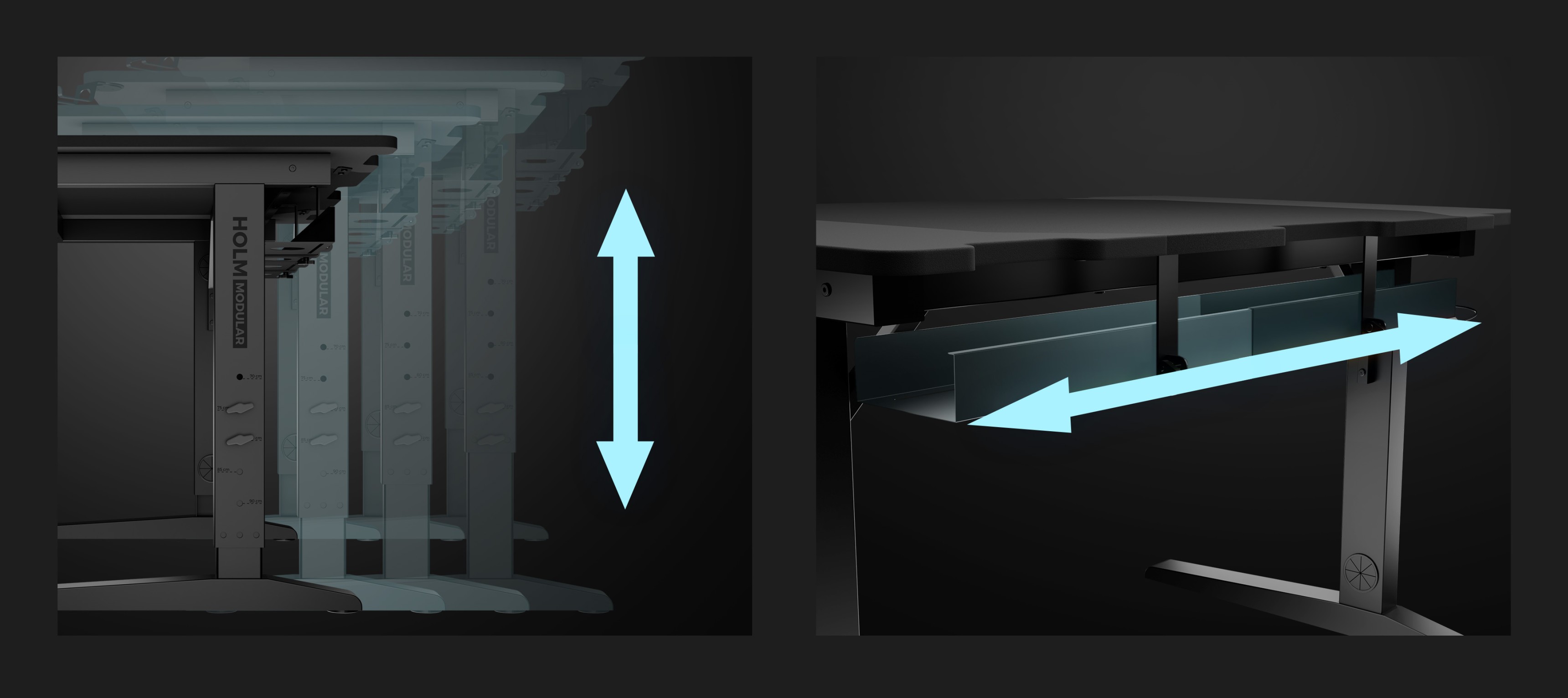 Detailansicht des Genesis Holm Modular 160 Corner Gaming Desks mit höhenverstellbaren Elementen und einem verschiebbaren Kabelmanagementsystem