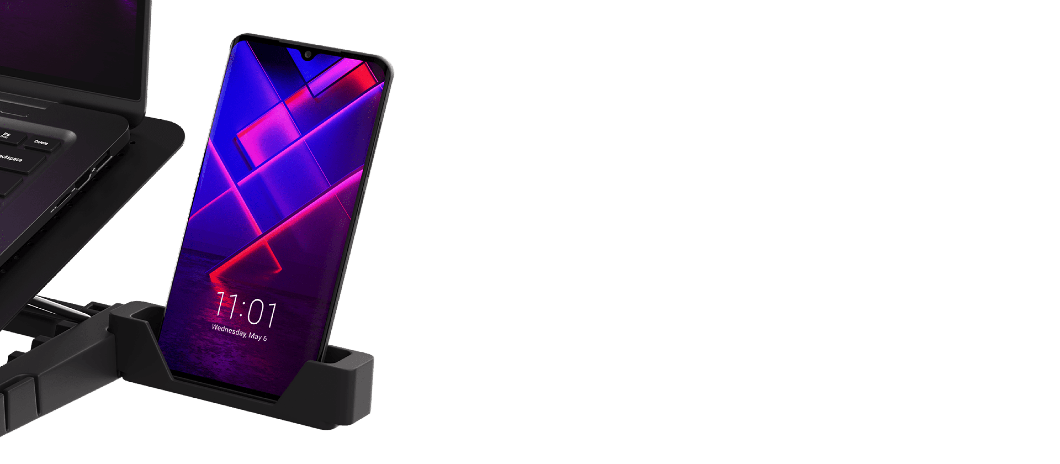 Kühlpad für Laptops mit RGB-Beleuchtung, Ventilator und zwei USB-Anschlüssen. Inklusive einer Halterung für ein Smartphone