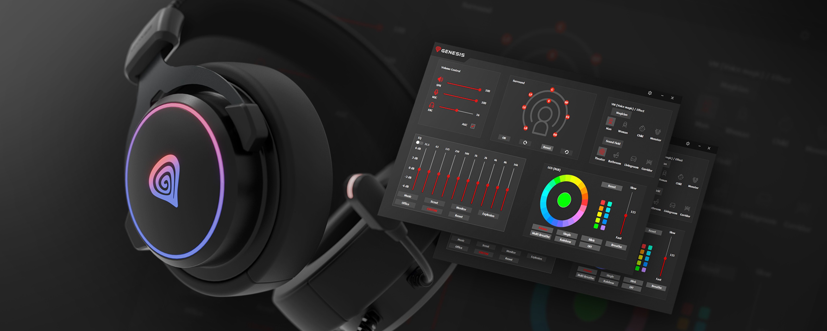 Schwarzer Genesis Neon 764 RGB Over-Ear-Kopfhörer mit Mikrofon, anpassbarer RGB-Beleuchtung und dazugehöriger Software-Schnittstelle
