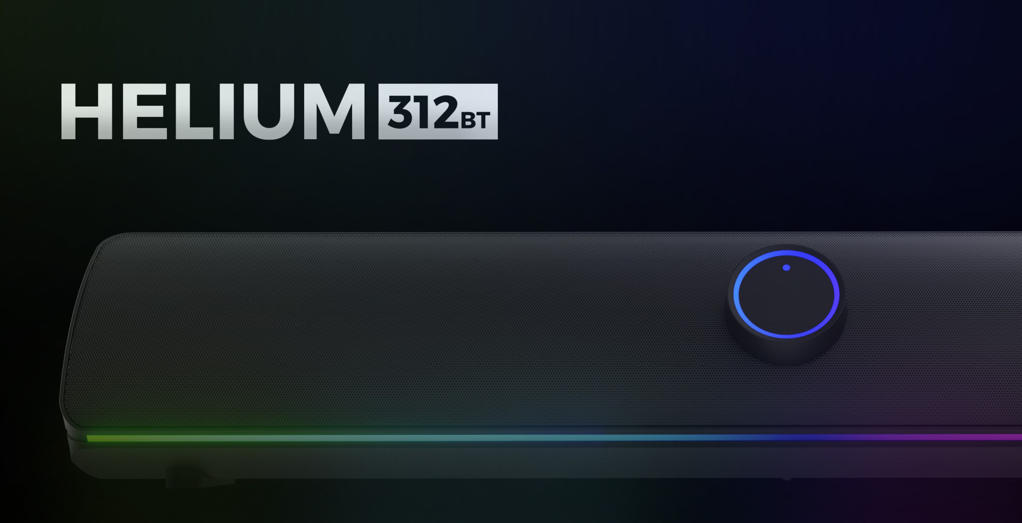 Schwarze Bluetooth-Soundbar mit schlankem Design, zentralem Bedienknopf und dezenter LED-Beleuchtung