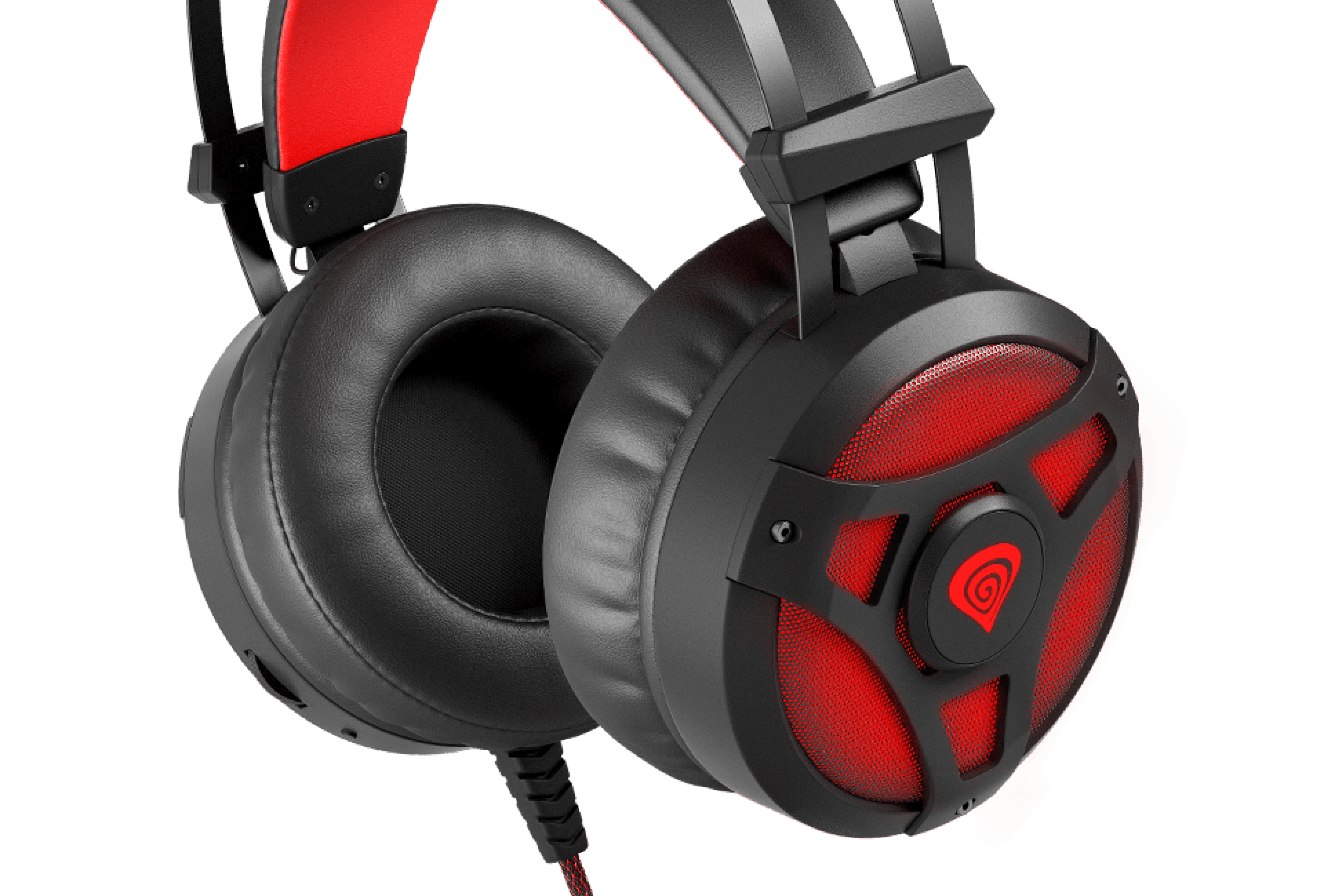 Schwarze und rote Genesis Neon 360 Over-Ear-Kopfhörer mit Mikrofon und beleuchtetem Design. Weiche Ohrpolster für Komfort