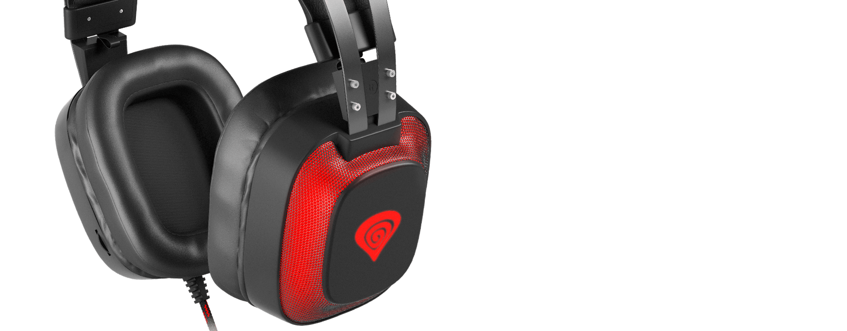 Schwarzer und roter Genesis Radon 720 7.1 Gaming-Kopfhörer mit Mikrofon und USB-Anschluss im stylischen Design