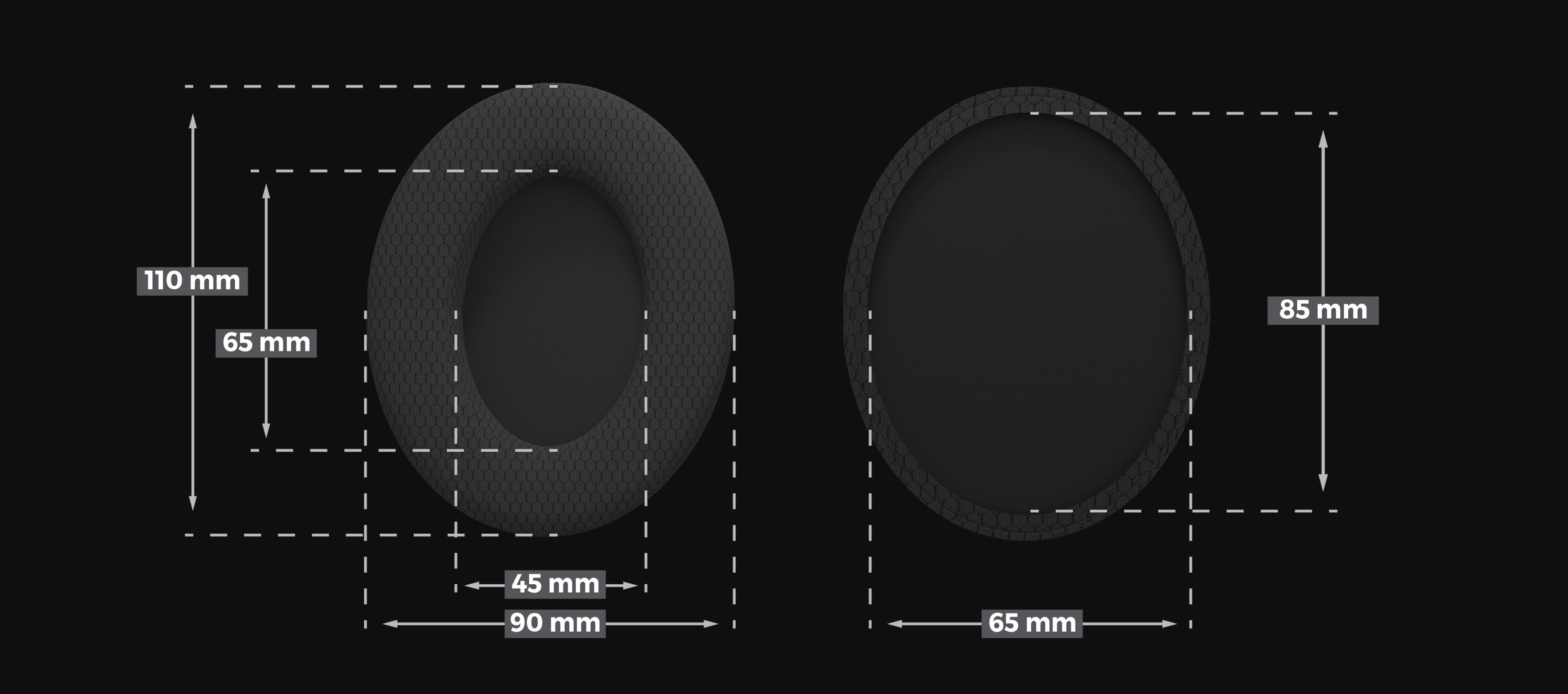 Textil-Ohrpolster für Genesis Toron EP02 Kopfhörer mit detaillierten Abmessungen und einem schlanken Design