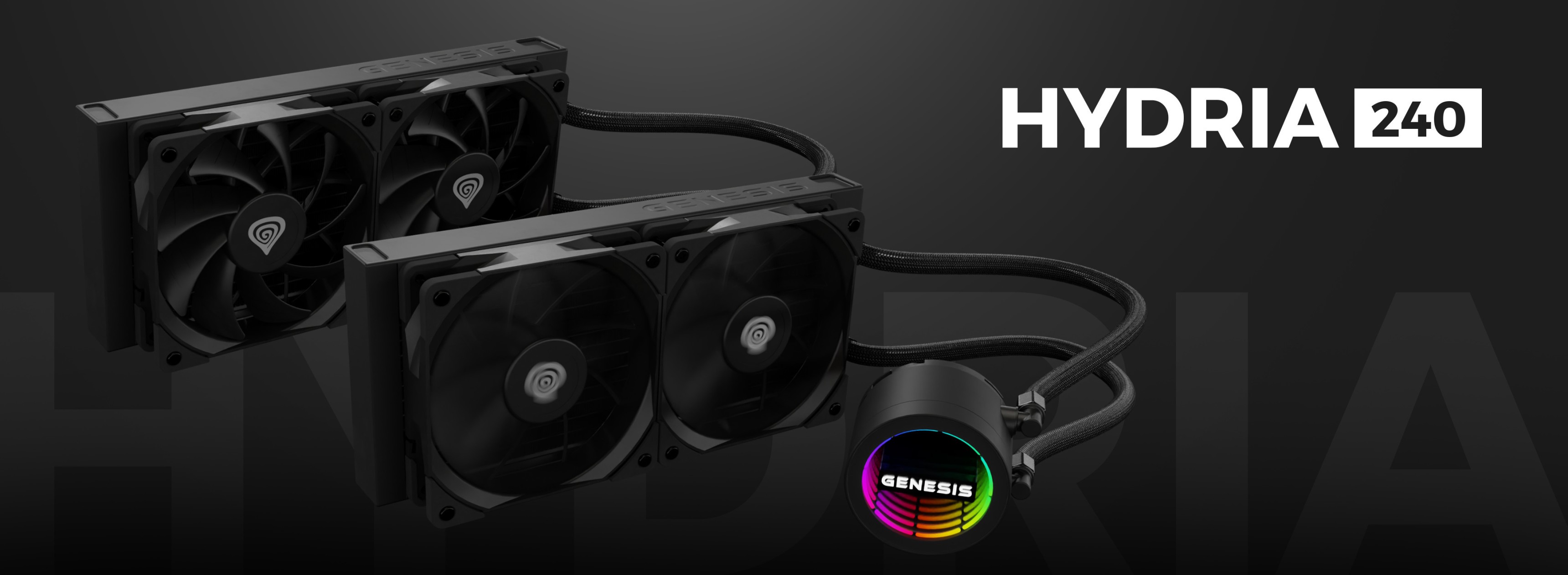 Schwarzes Genesis Hydria 240 Wasserkühlsystem mit zwei Lüftern und einer RGB-Pumpe für verbesserte Ästhetik und Leistung