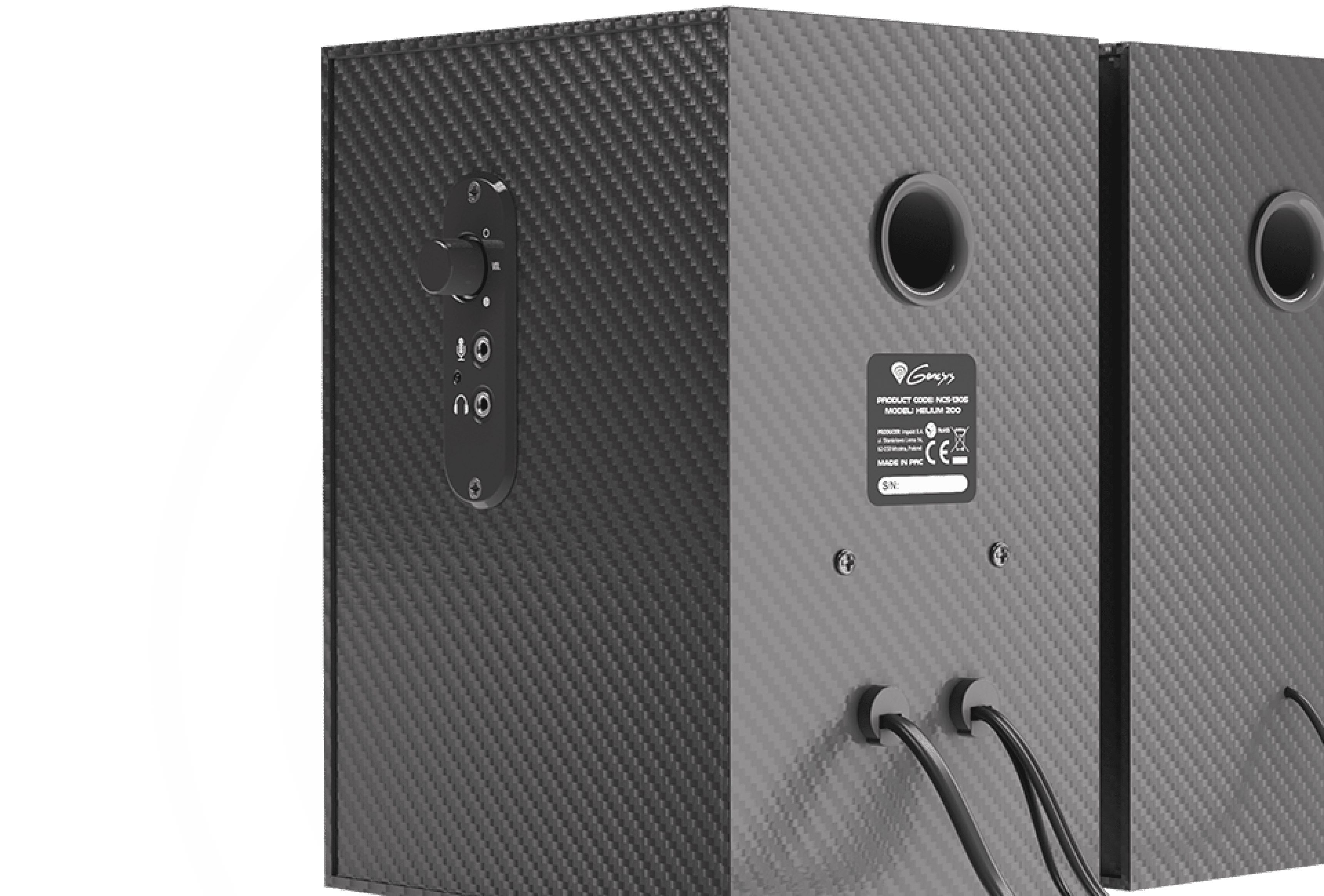 Schwarze Genesis Helium 200 2.0 Lautsprecher mit strukturierter Oberfläche, Bedienfeld und rückseitigen Anschlüssen