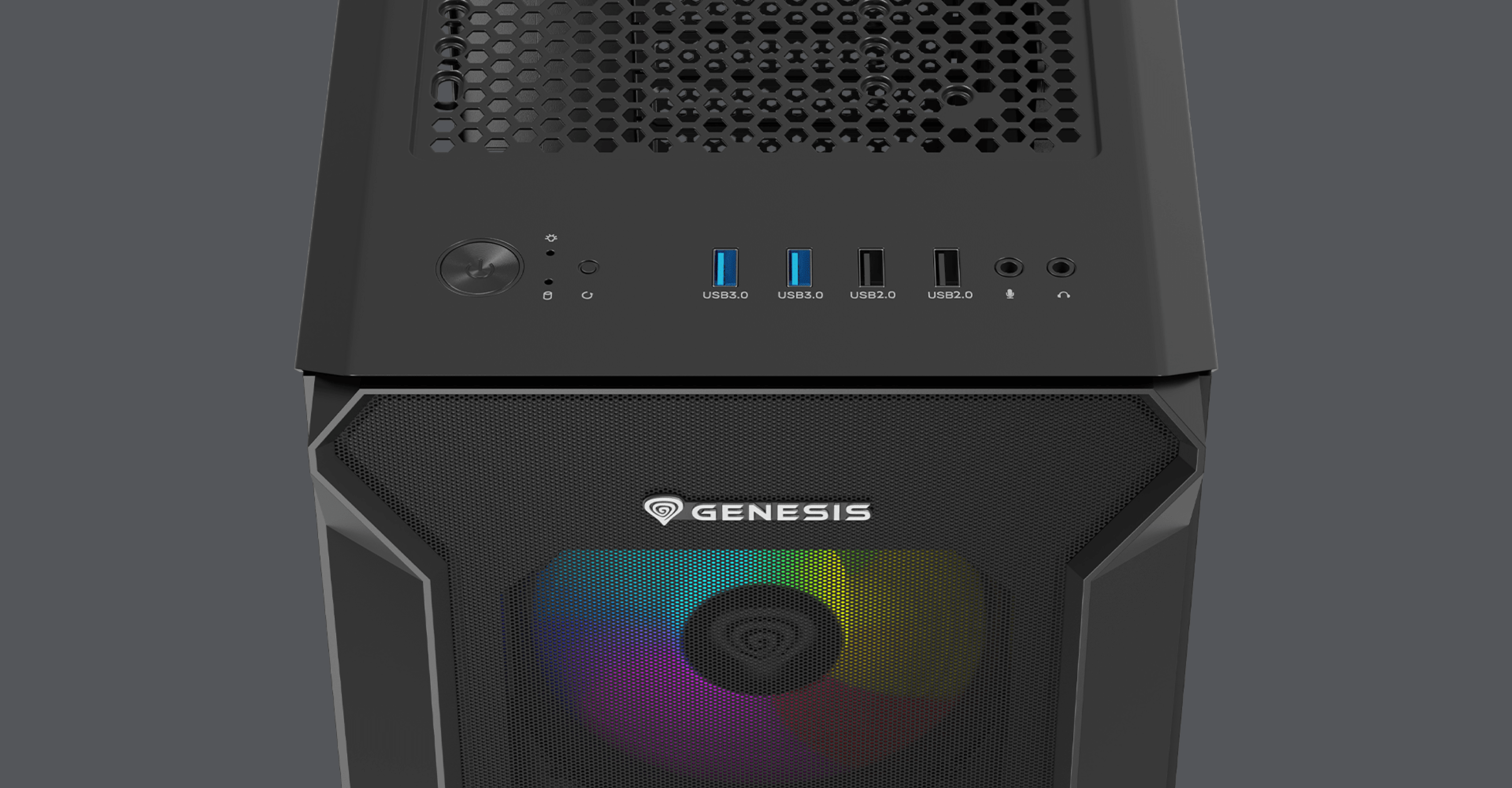 Schwarzes Genesis Irid 505 ARGB V2 MIDI-Tower-Gehäuse mit einer transparenten Frontplatte und RGB-Beleuchtung. Mit USB-Anschlüssen und einem Netzschalter auf der Oberseite