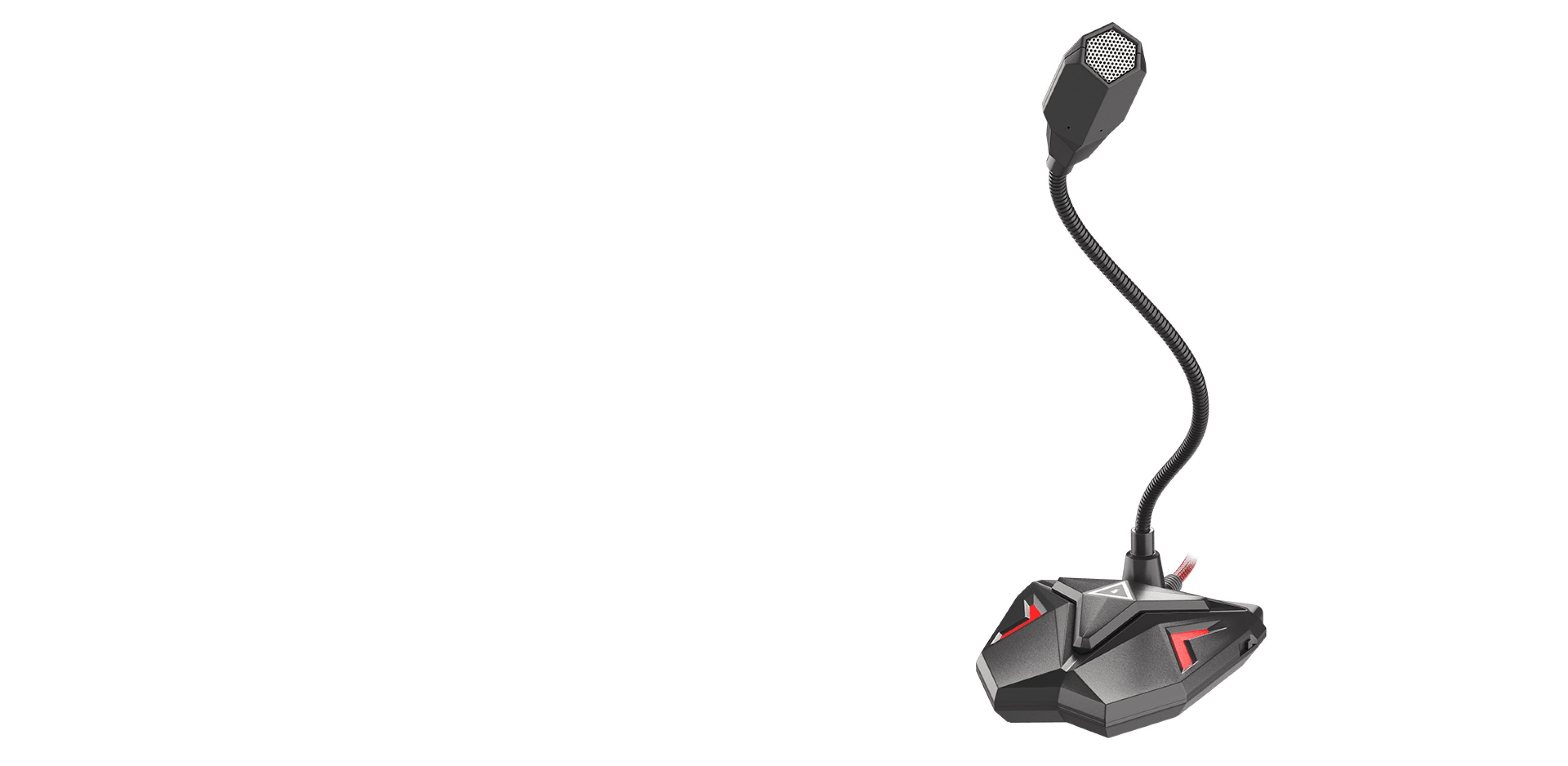 Schwarzes Mikrofon mit flexiblem Hals und einem Sockel mit roten Akzenten, entwickelt für Gaming oder Streaming