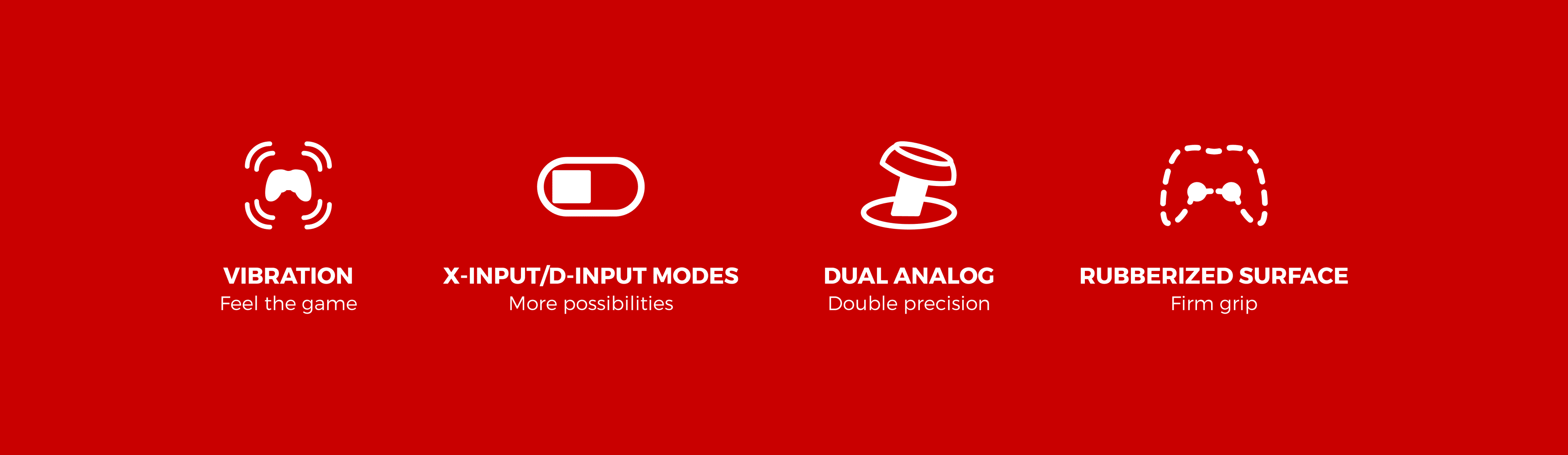 Eigenschaften des Genesis Mangan P58 kabelgebundenen Gamepads für PS3/PC: Vibrationsfeedback, X-Eingabe/D-Eingabe-Modi, duale analoge Präzision und gummierte Oberfläche für Grip