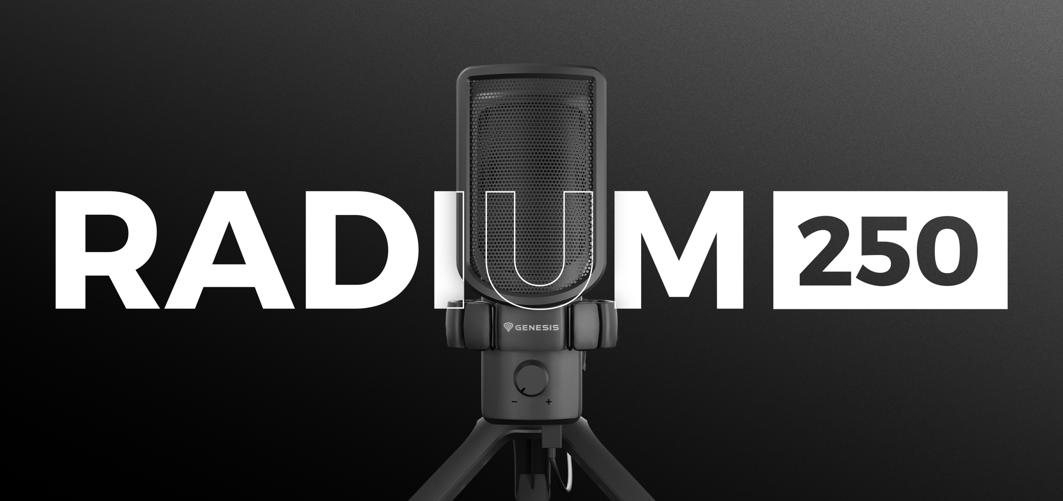 Schwarzes USB-Mikrofon Genesis Radium 250 mit einem Stativständer und der Aufschrift "RADIUM 250".