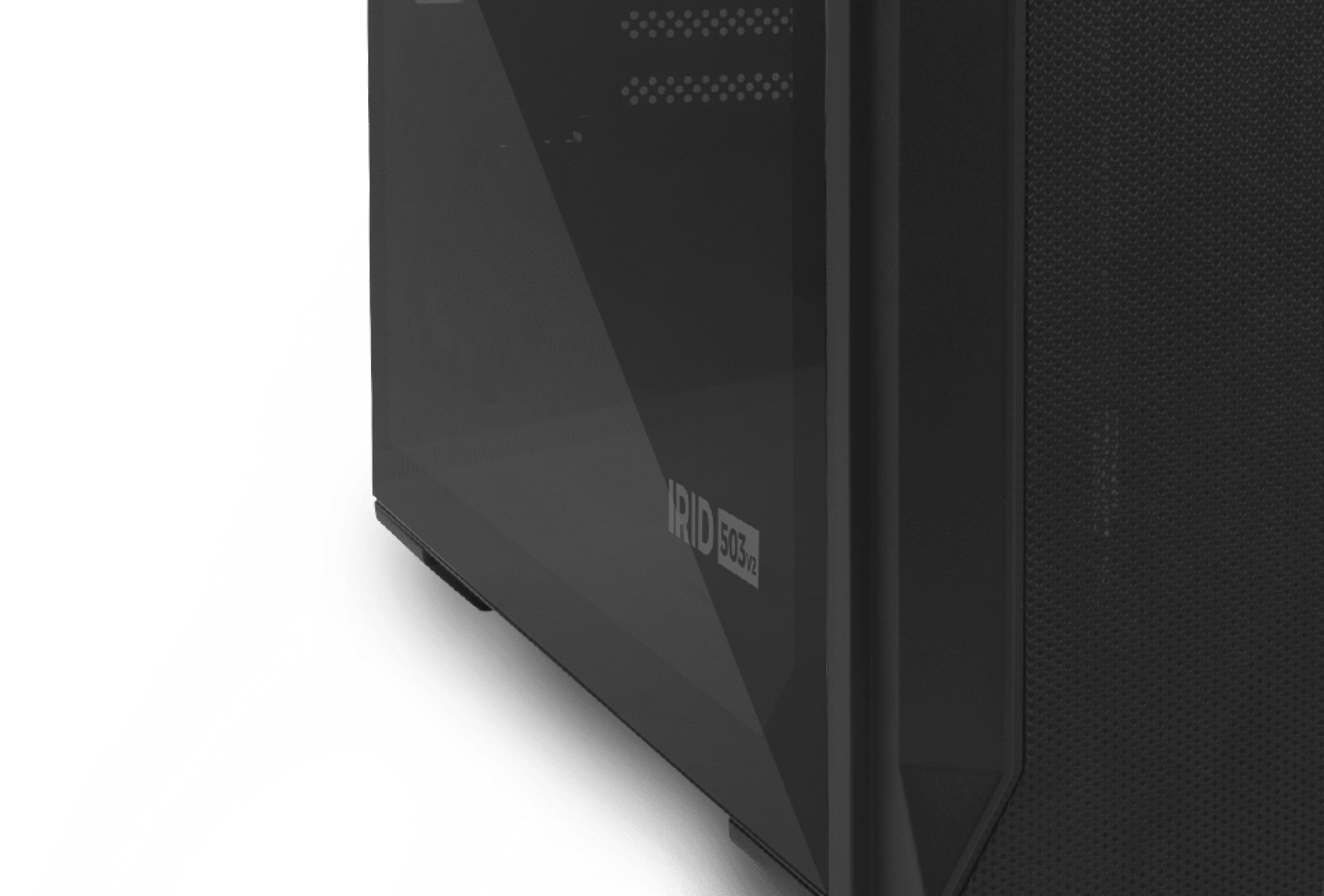 Schwarzes Genesis Irid 503 V2 MATX Mini-Tower-Gehäuse mit transparentem Seitenteil und Mesh-Front für den Luftstrom