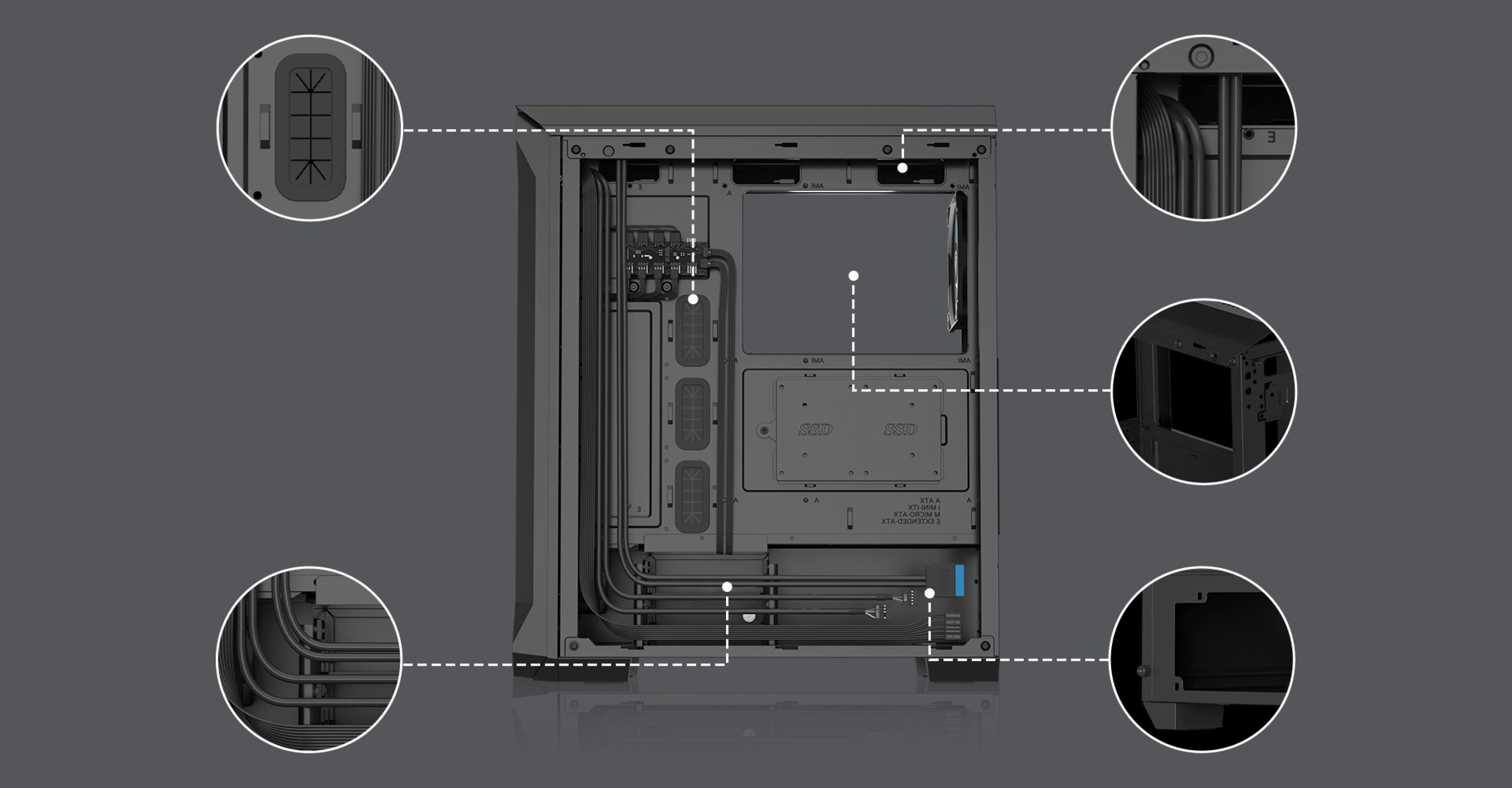 Schwarzes Genesis Irid 505 ARGB V2 MIDI-Tower-Gehäuse mit transparenter Seitenwand und hervorgehobener Innenausstattung