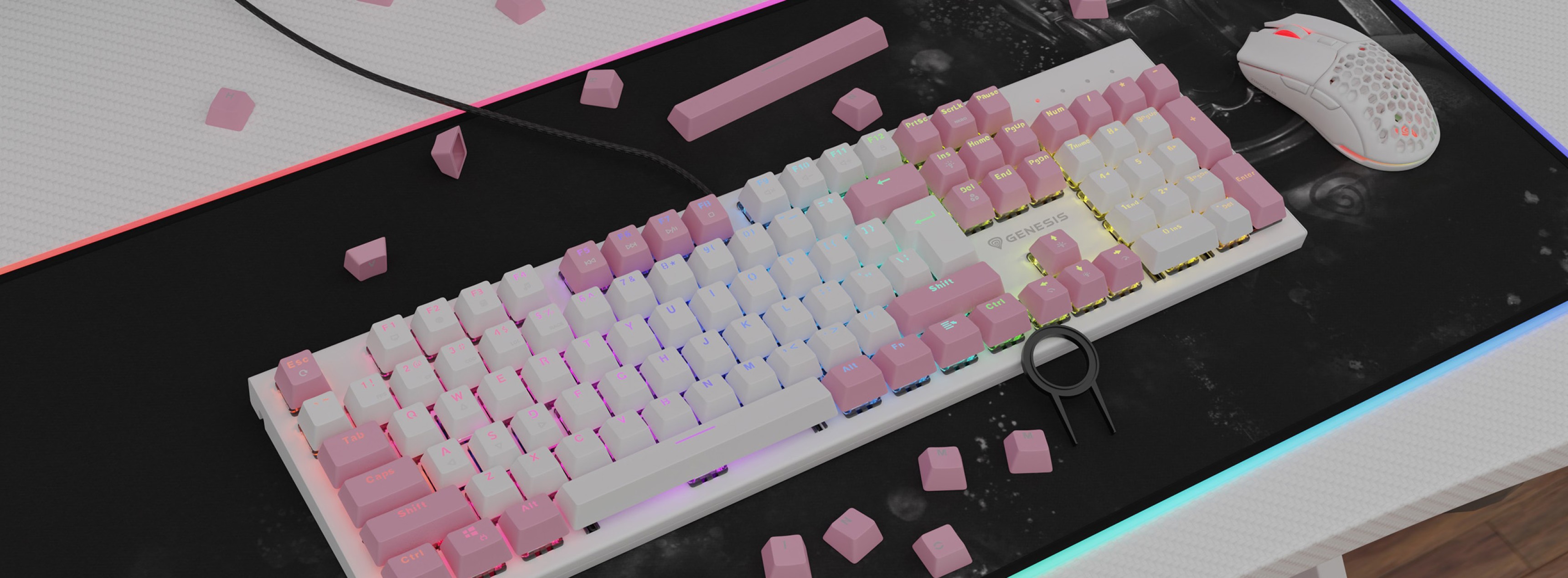 Rosa Double-Shot-Tastenkappen auf einer mechanischen Tastatur mit RGB-Beleuchtung, begleitet von einer weißen Maus und verstreuten rosa Tastenkappen