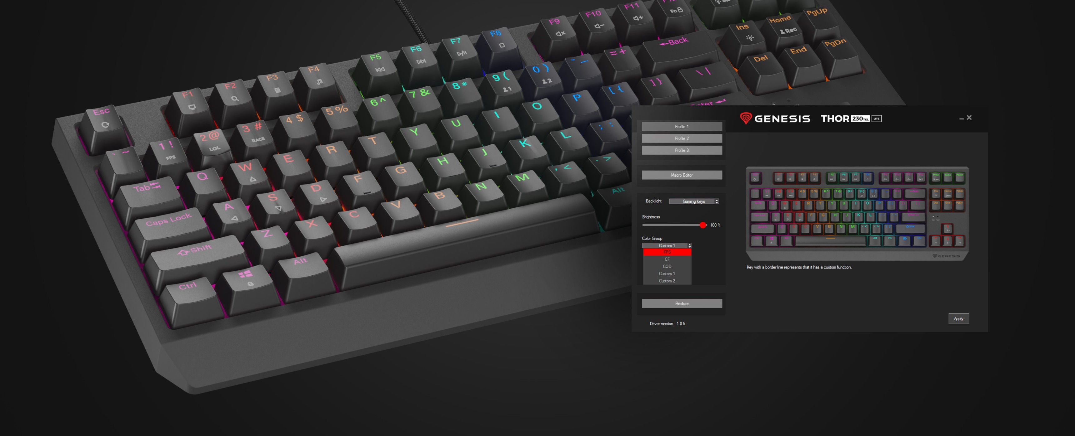 Mechanische Gaming-Tastatur Genesis Thor 230 TKL Lite mit anpassbarer RGB-Beleuchtung und angezeigter Software-Oberfläche