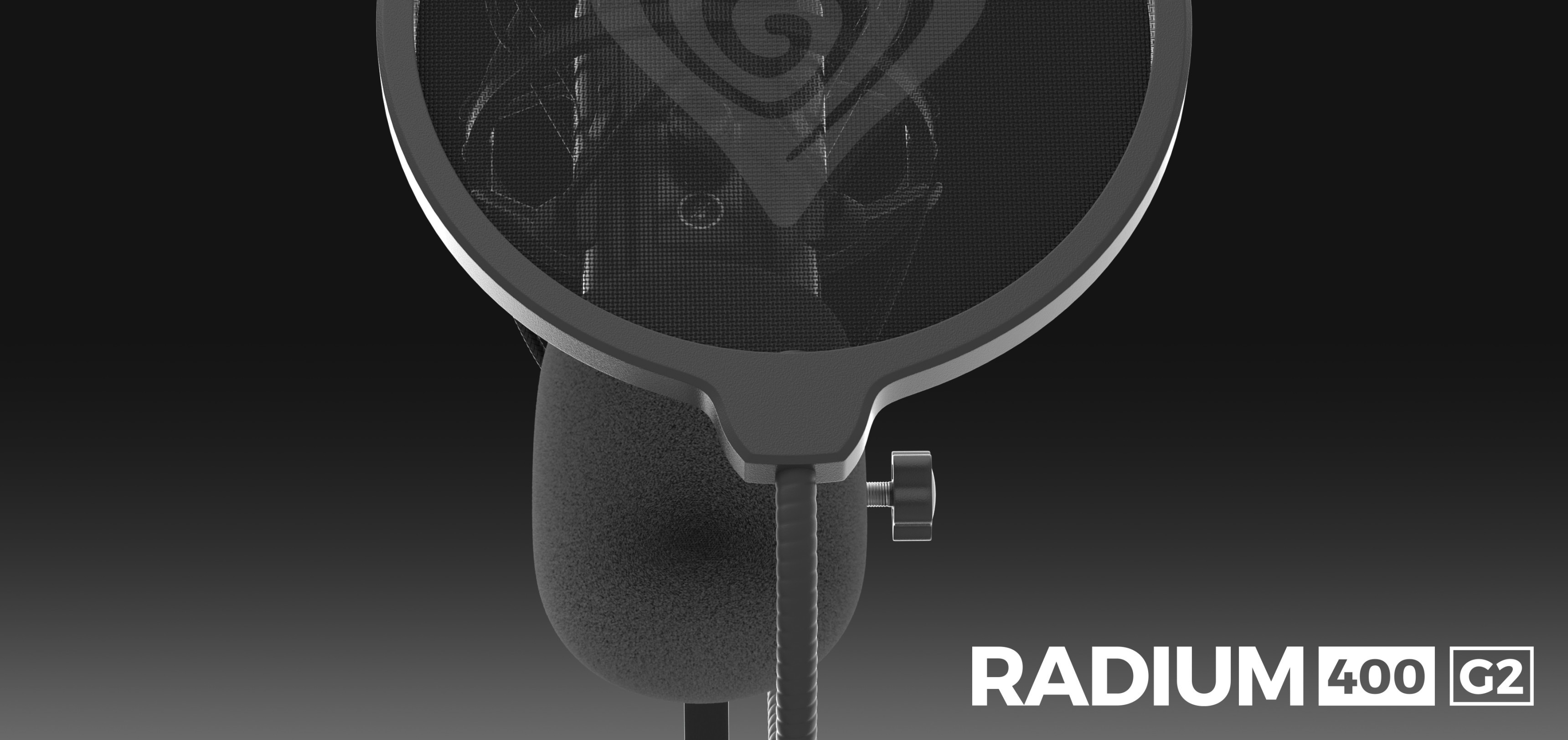 Nahaufnahme des Genesis Radium 400 G2 Studio-USB-Mikrofons mit angebrachtem Poppfilter. Schwarzer und grauer Hintergrund mit Farbverlauf