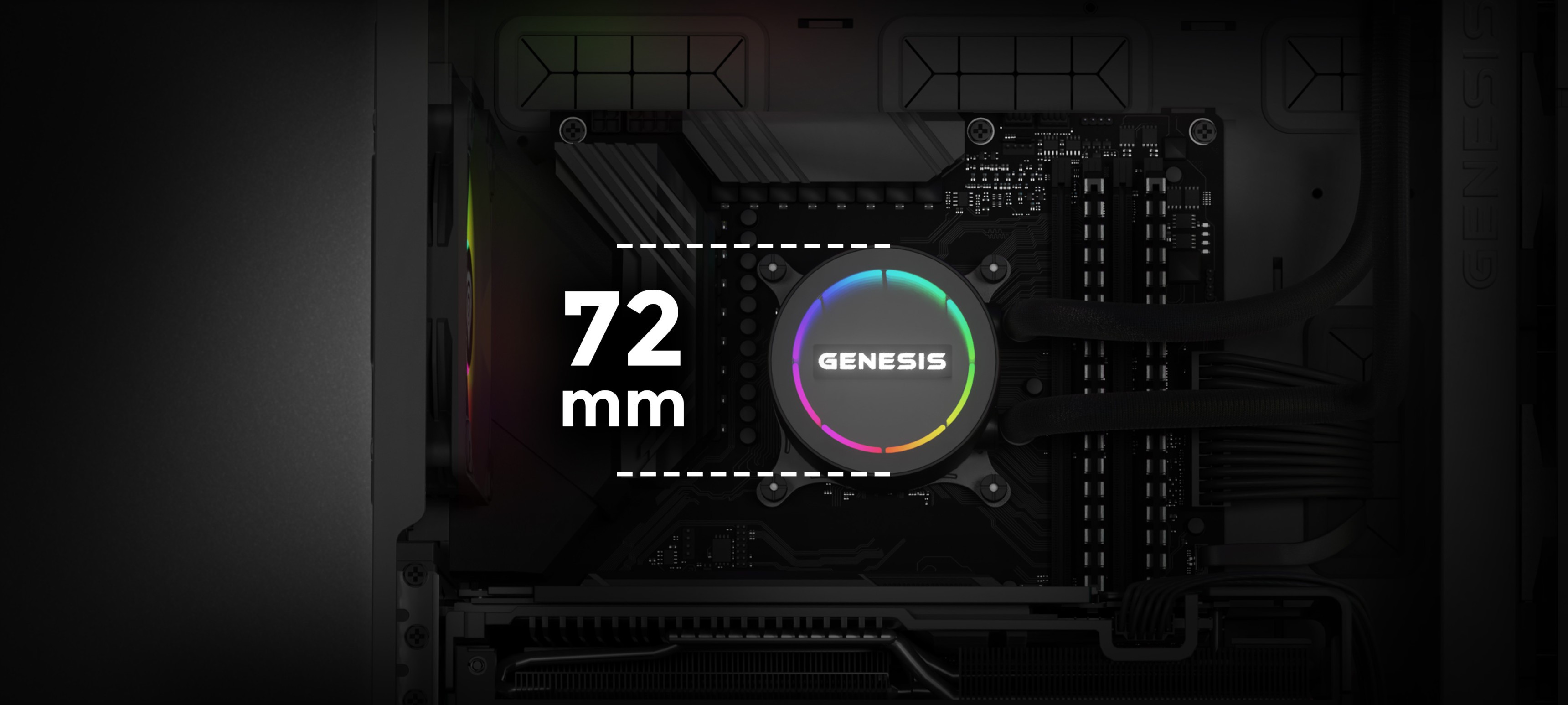 Schwarze Genesis Hydria 360 ARGB-Wasserkühlung in einem PC-Gehäuse, mit einem Logo mit 72 mm Durchmesser und RGB-Beleuchtung