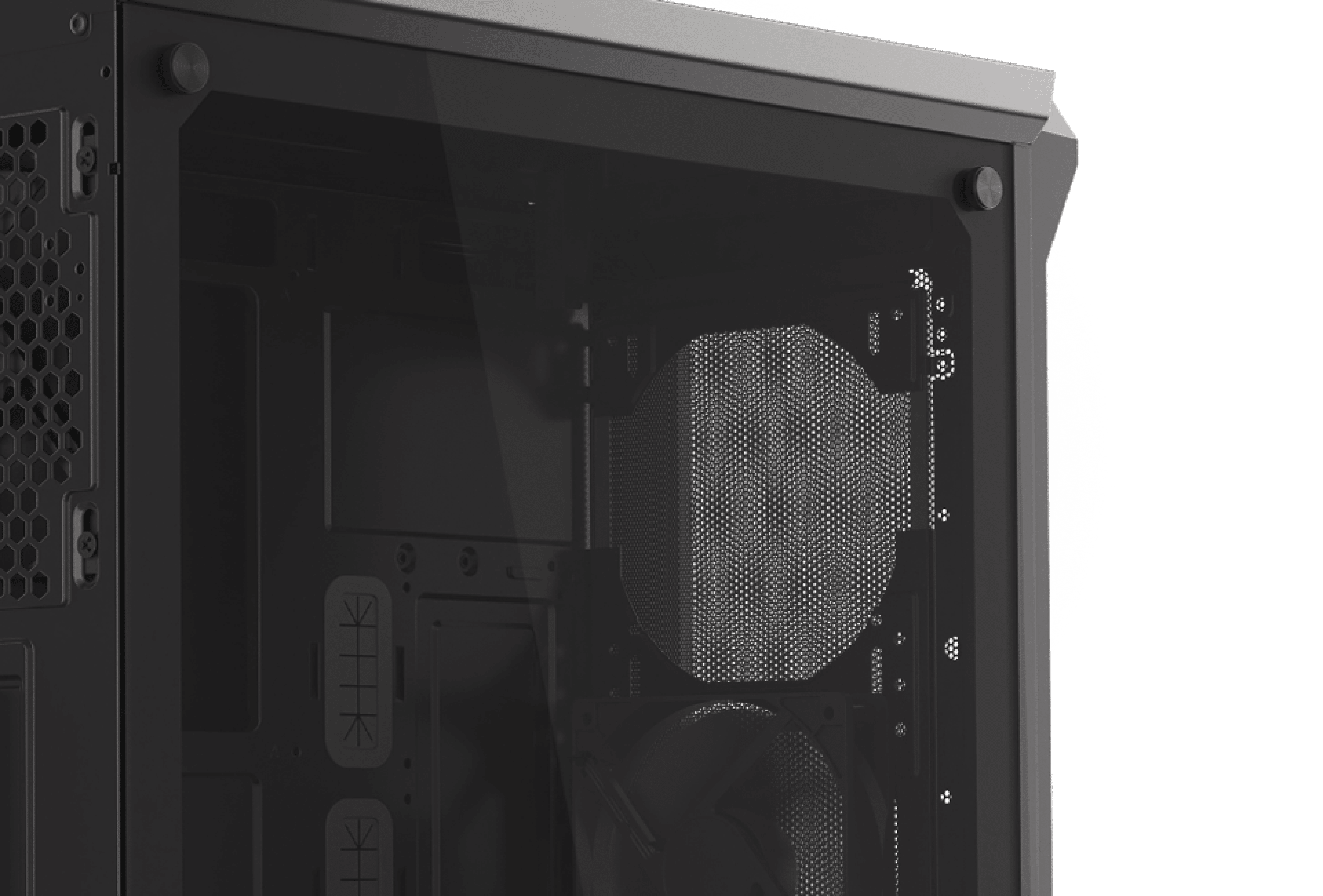 Schwarzes Genesis Irid 505 V2 MIDI-Tower-Gehäuse mit transparentem Seitenfenster und Mesh-Design für die Luftzirkulation