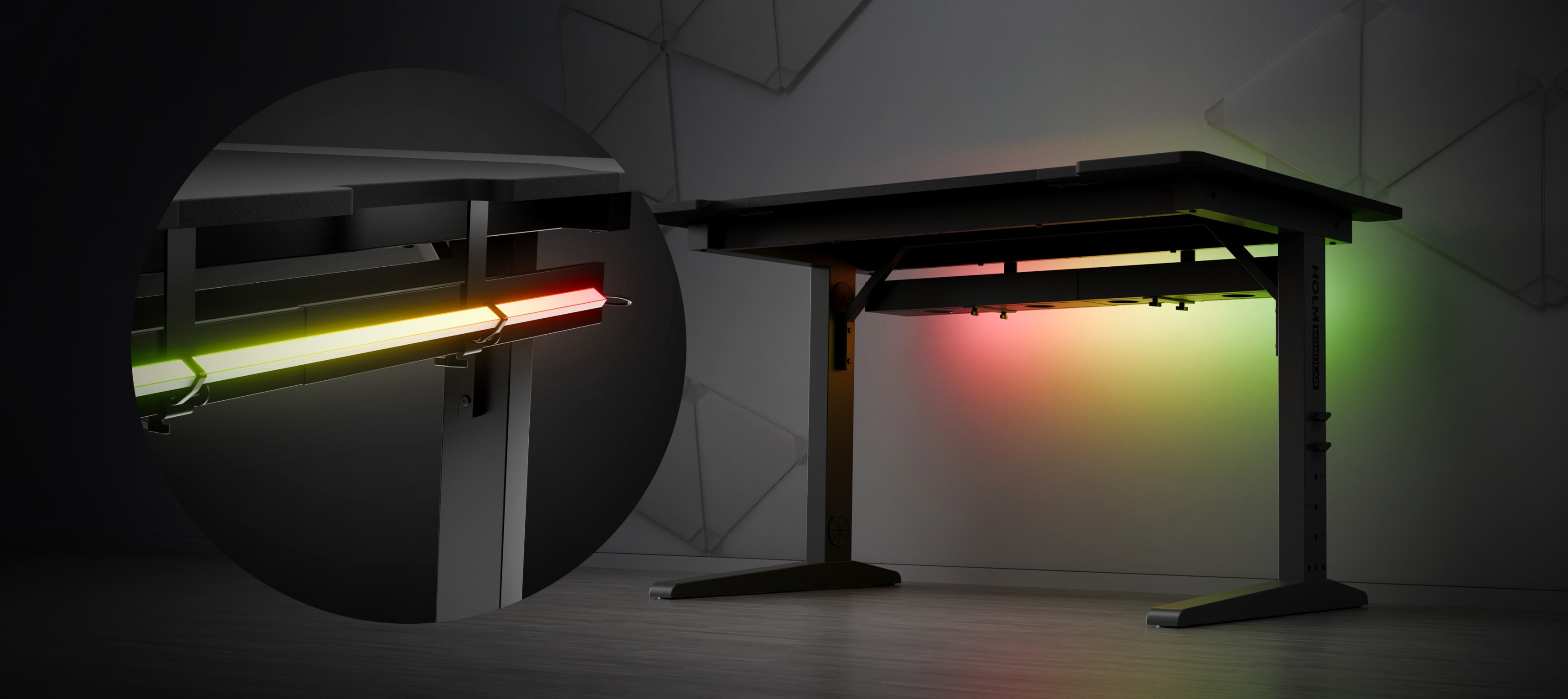 Modularer Gaming-Tisch mit verstellbarer Höhe und LED-Beleuchtung mit roten, grünen und gelben Akzenten. Schlankes Design, geeignet für Gaming-Setups