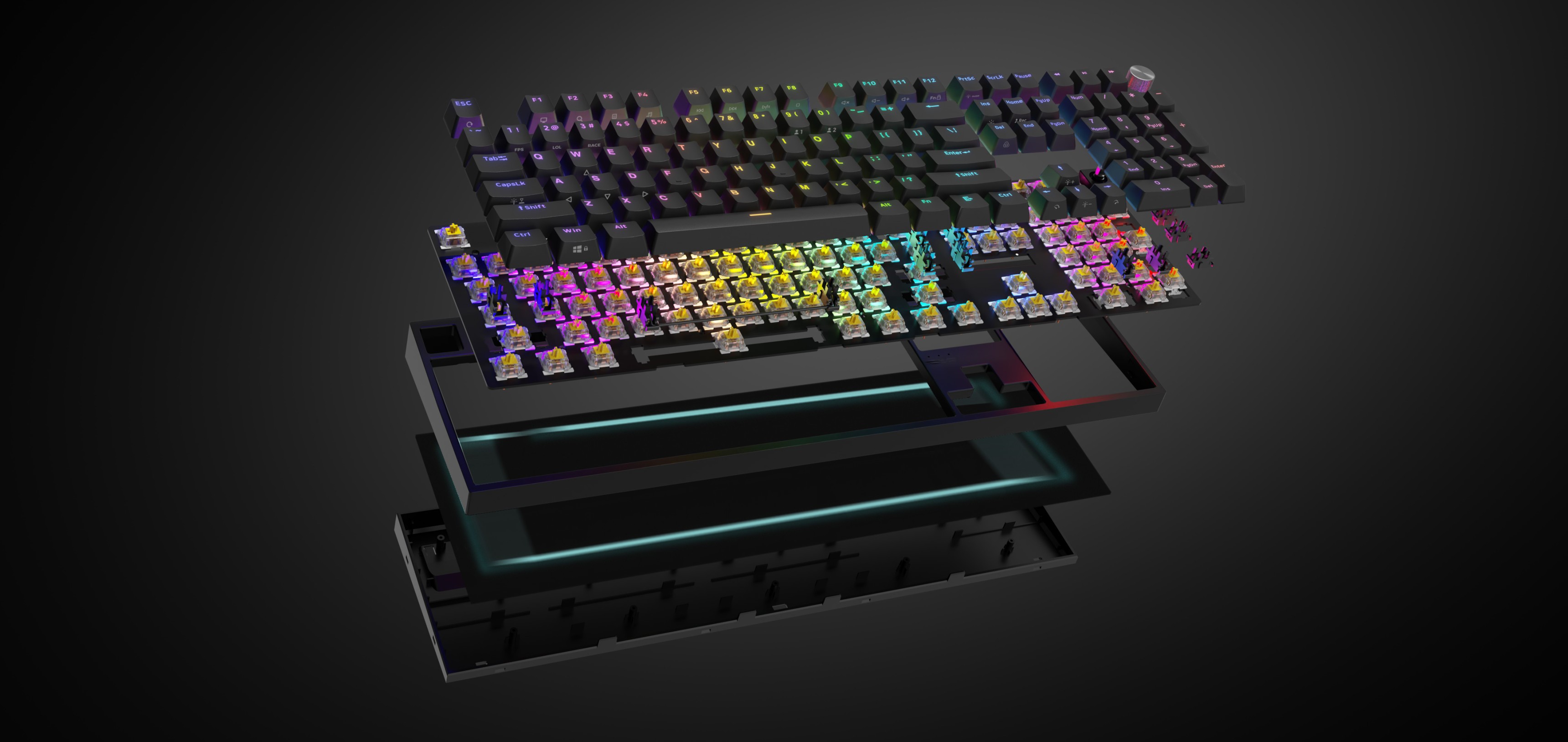 Mechanische Gaming-Tastatur Genesis Thor 404 US mit RGB-Beleuchtung und Gateron Yellow Pro-Schaltern, in schwarzem Design