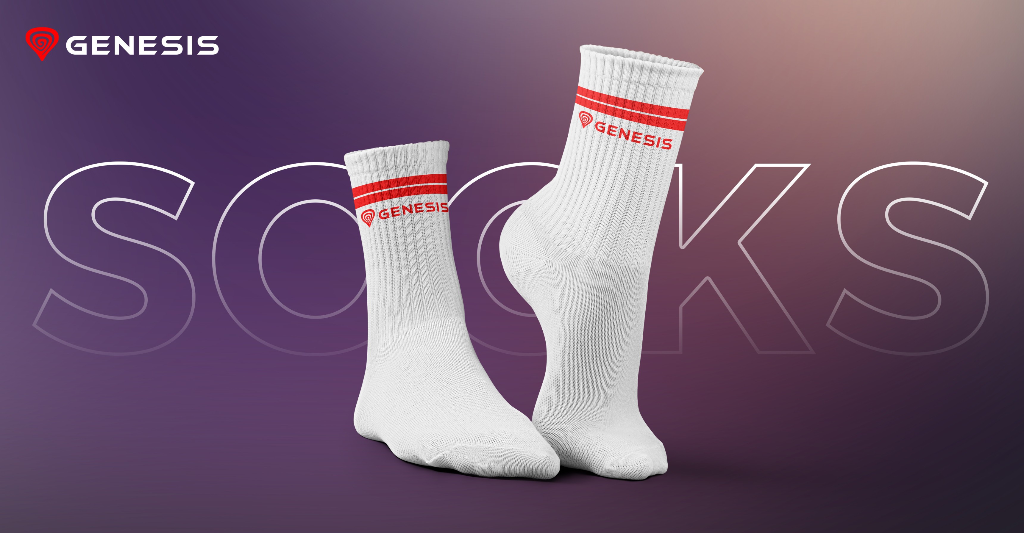 Weiße Sportsocken mit der Aufschrift "GENESIS" und roten Streifen, für die Größen 35-38