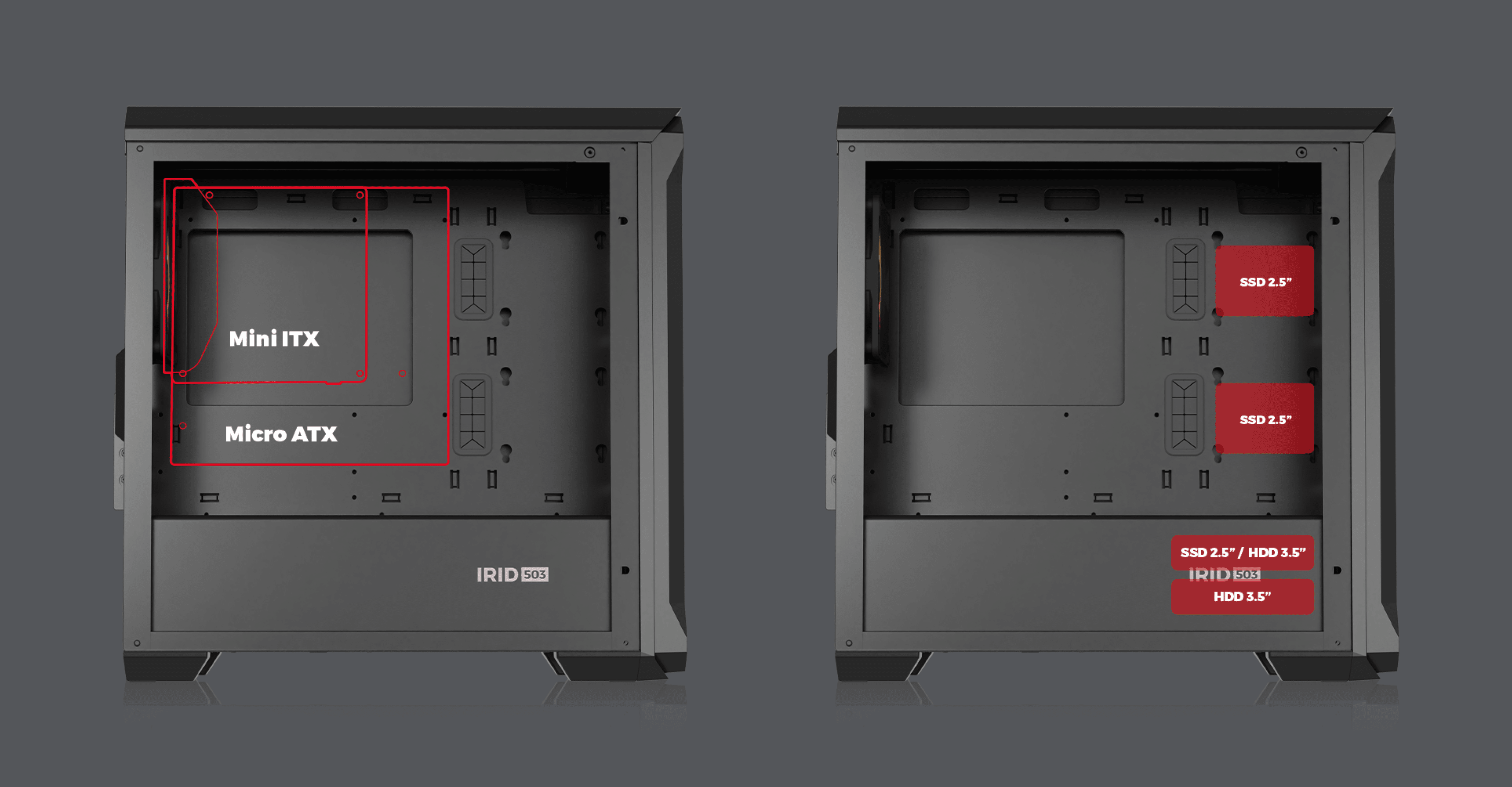 Schwarzes Mini-Tower-Computergehäuse mit gehärtetem Glas, mit Innenaufteilung für Mini ITX- und Micro ATX-Motherboards