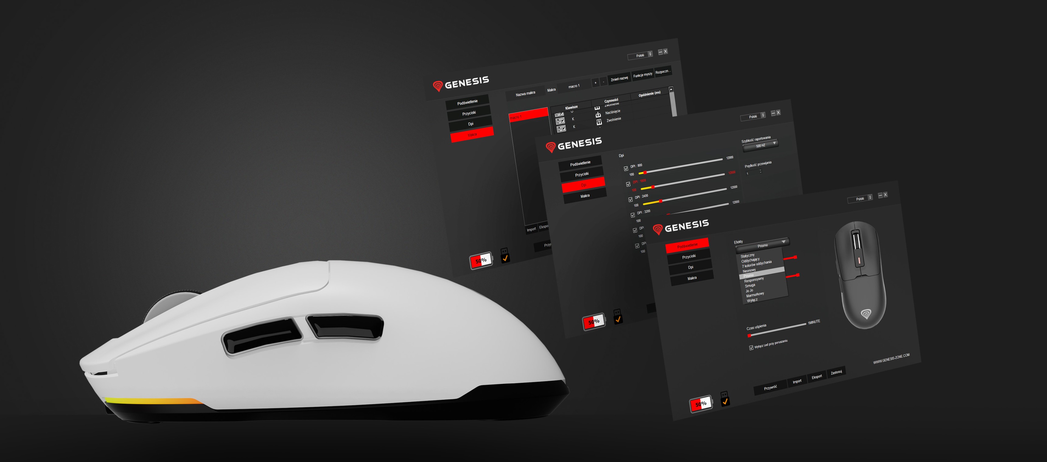 Kabellose Gaming-Maus Genesis Zircon 660 in Weiß, mit drei Software-Displays, die Einstellungen und Funktionen anzeigen