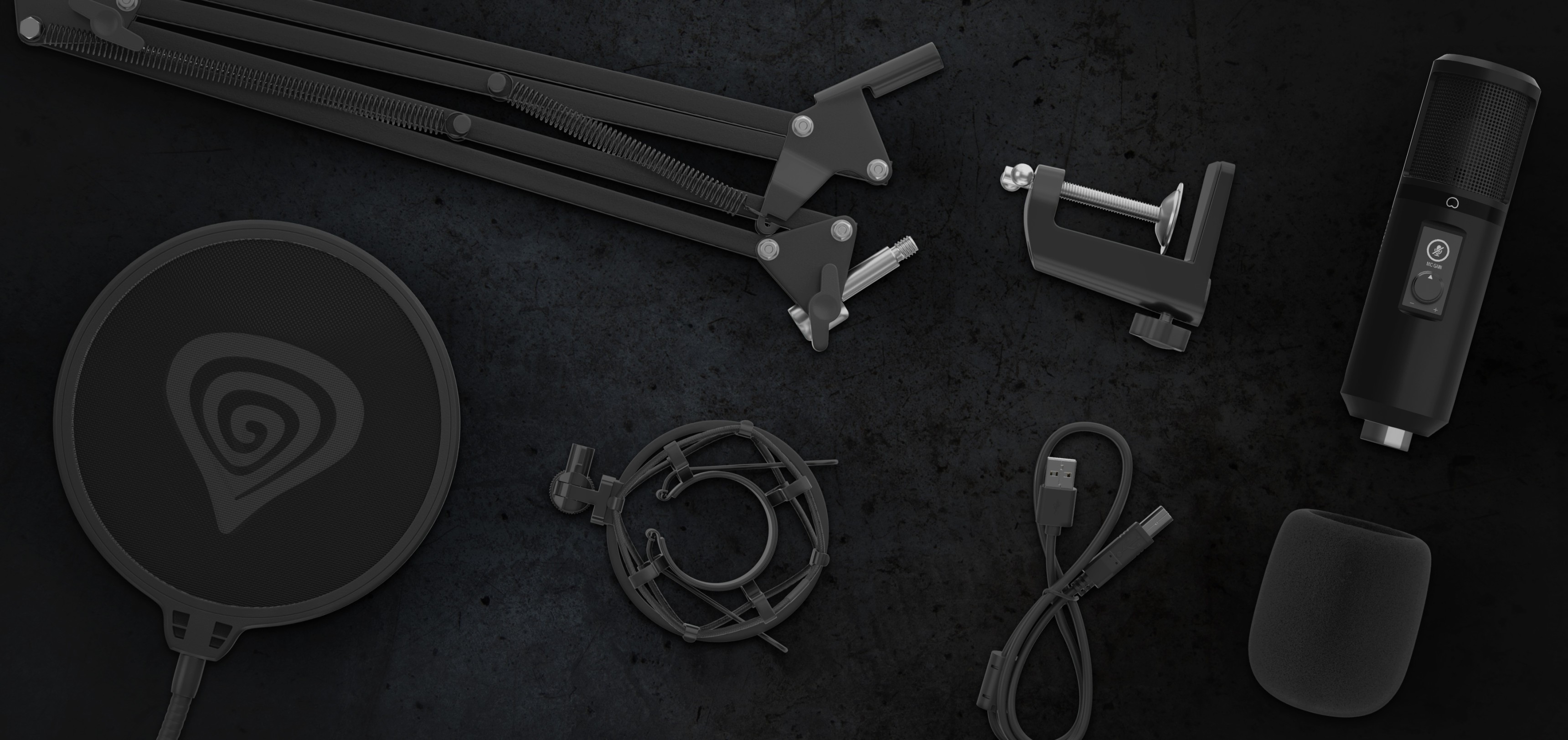 Schwarzes Mikrofon-Kit mit dem Genesis Radium 400 G2, Pop-Filter, verstellbarem Arm, USB-Kabel und Befestigungsklemme