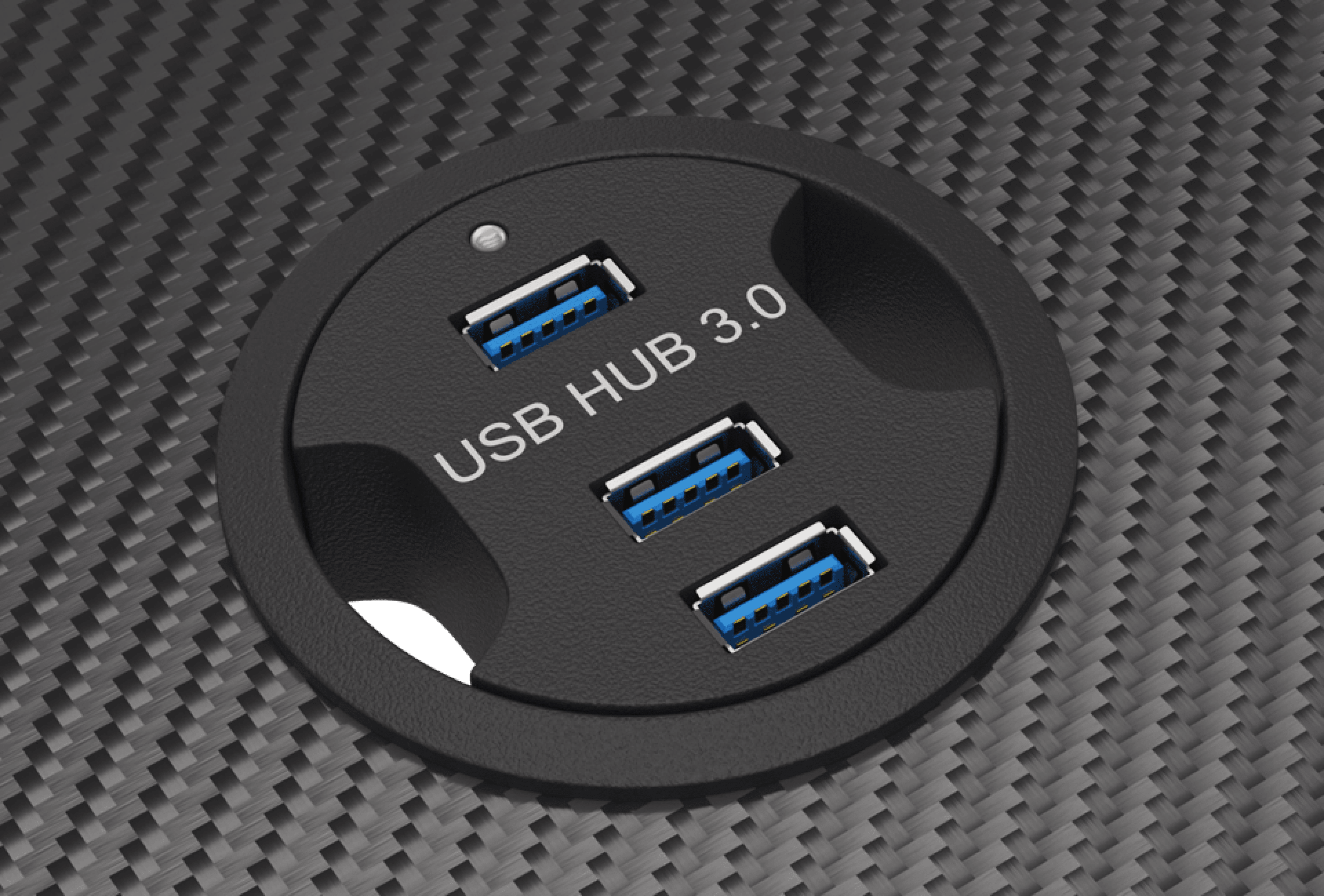 Nahaufnahme eines runden USB-Hubs mit drei USB 3.0-Anschlüssen vor einem Hintergrund aus strukturierter Kohlefaser