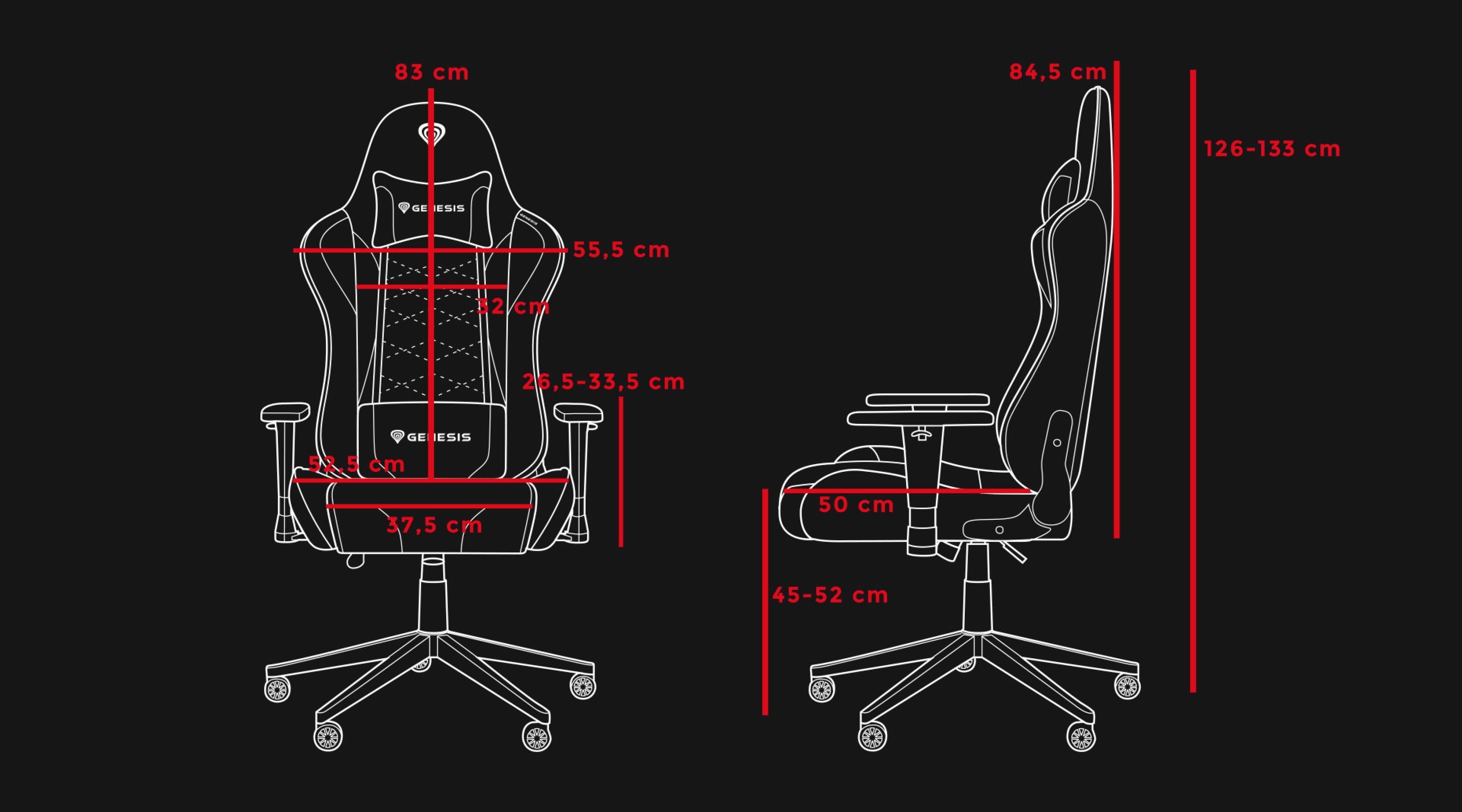 Diagramm mit den Abmessungen des Genesis Nitro 440 G2 Mesh-Gaming-Stuhls, Seiten- und Rückenansicht mit Maßangaben
