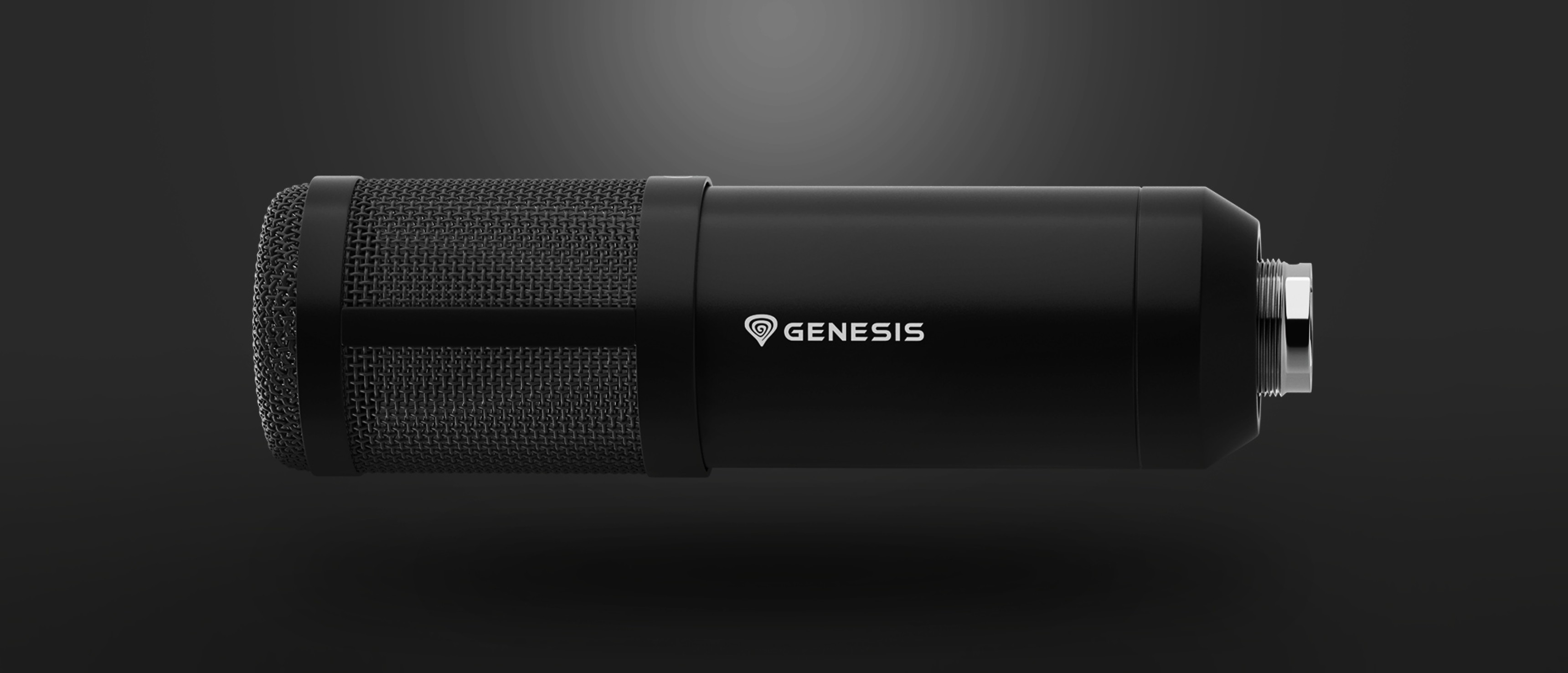 Schwarzes Studiomikrofon mit Mesh-Gitter und Genesis-Logo, entwickelt für professionelle Audioaufnahmen